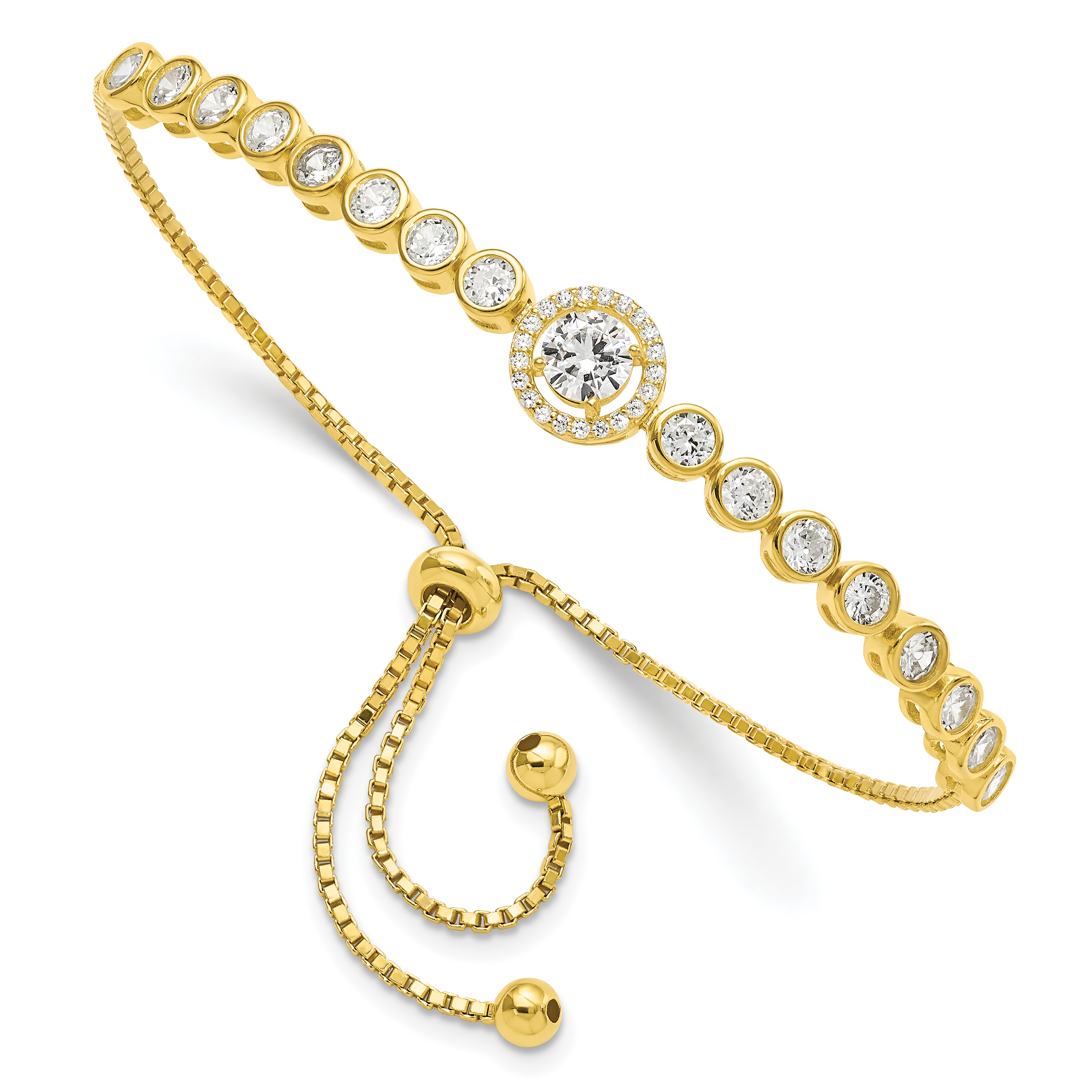 Sterling Silver Gold-tone Bezel Set CZ & CZ Halo Adjustable Bracelet (QG5946)