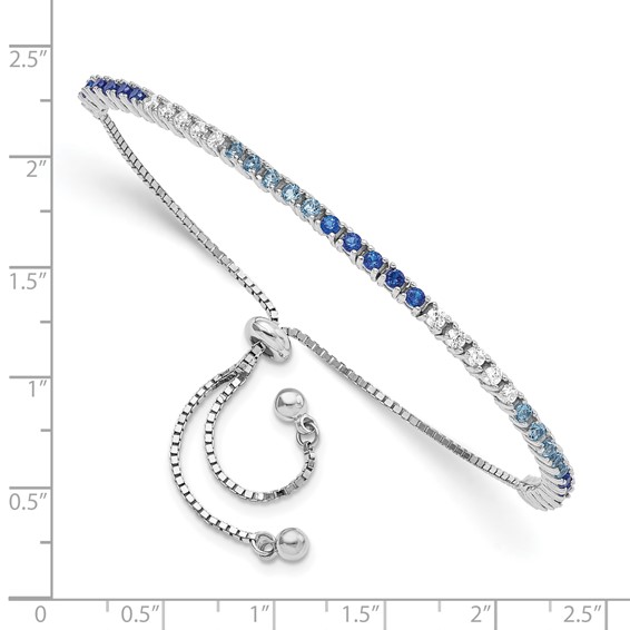 Sterling Silver Rhodium Created Blue Spinel & CZ Adjustable Bracelet