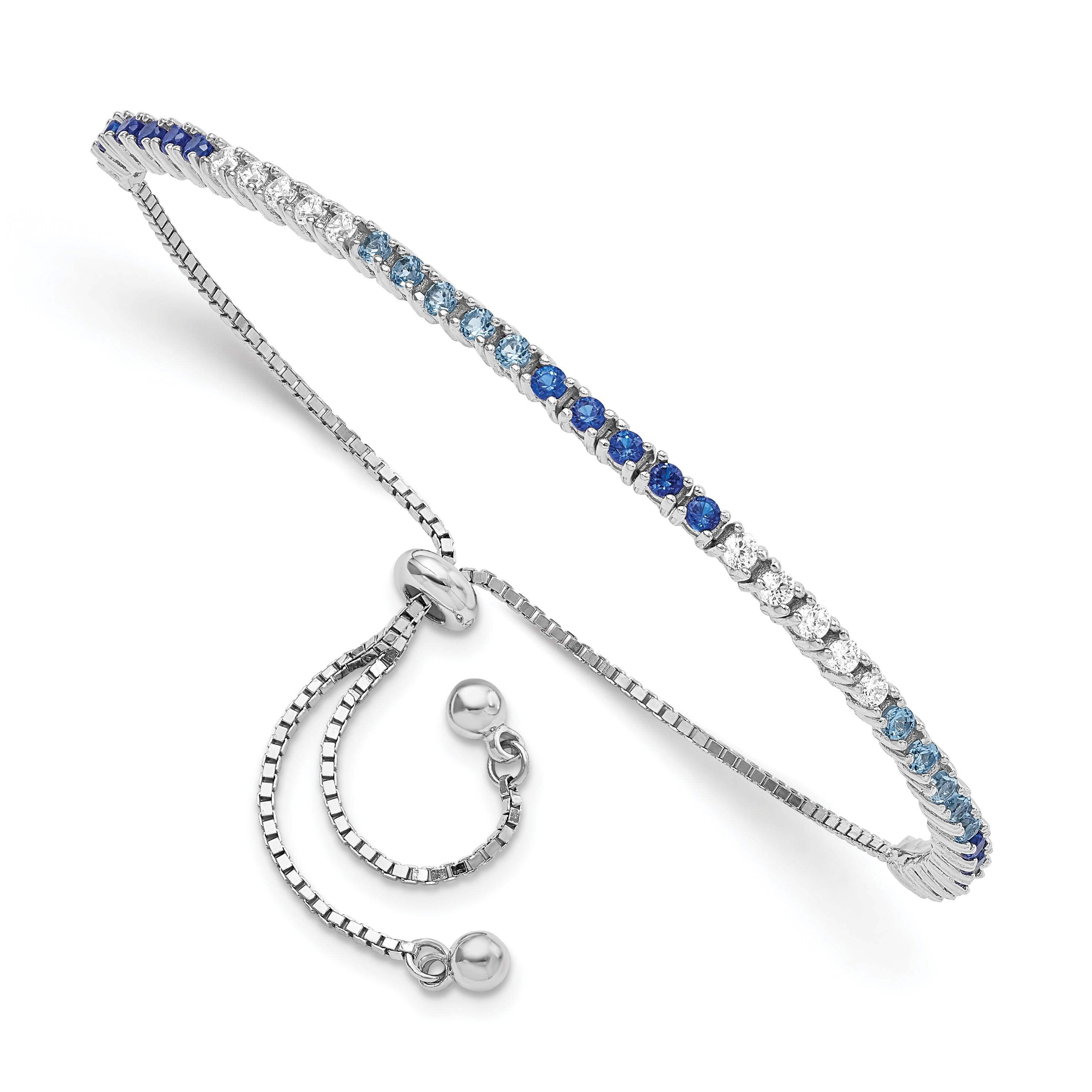 Sterling Silver Rhodium Created Blue Spinel & CZ Adjustable Bracelet (QG5950)