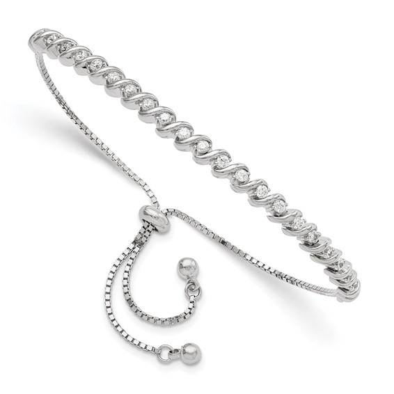 Sterling Silver Polished Rhodium-plated CZ Adjustable Bracelet