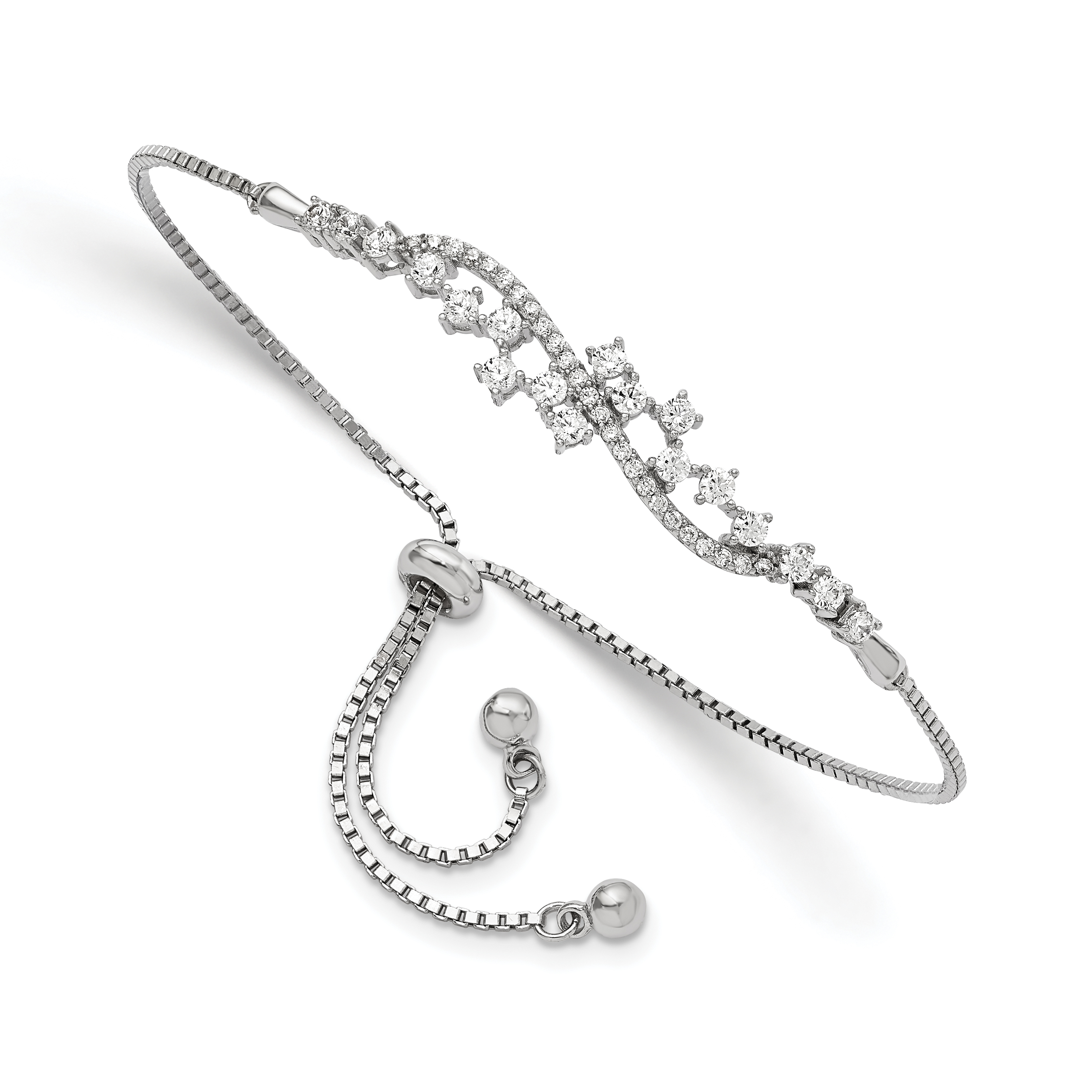 Sterling Silver Polished Rhodium-plated CZ Adjustable Bracelet (QG5954)