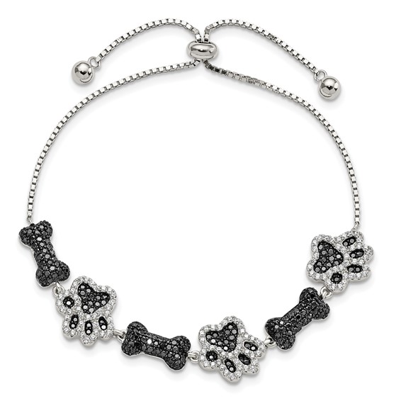 Sterling Silver Rhodium-plated CZ Paw Print & Dog Bone Adj Bracelet