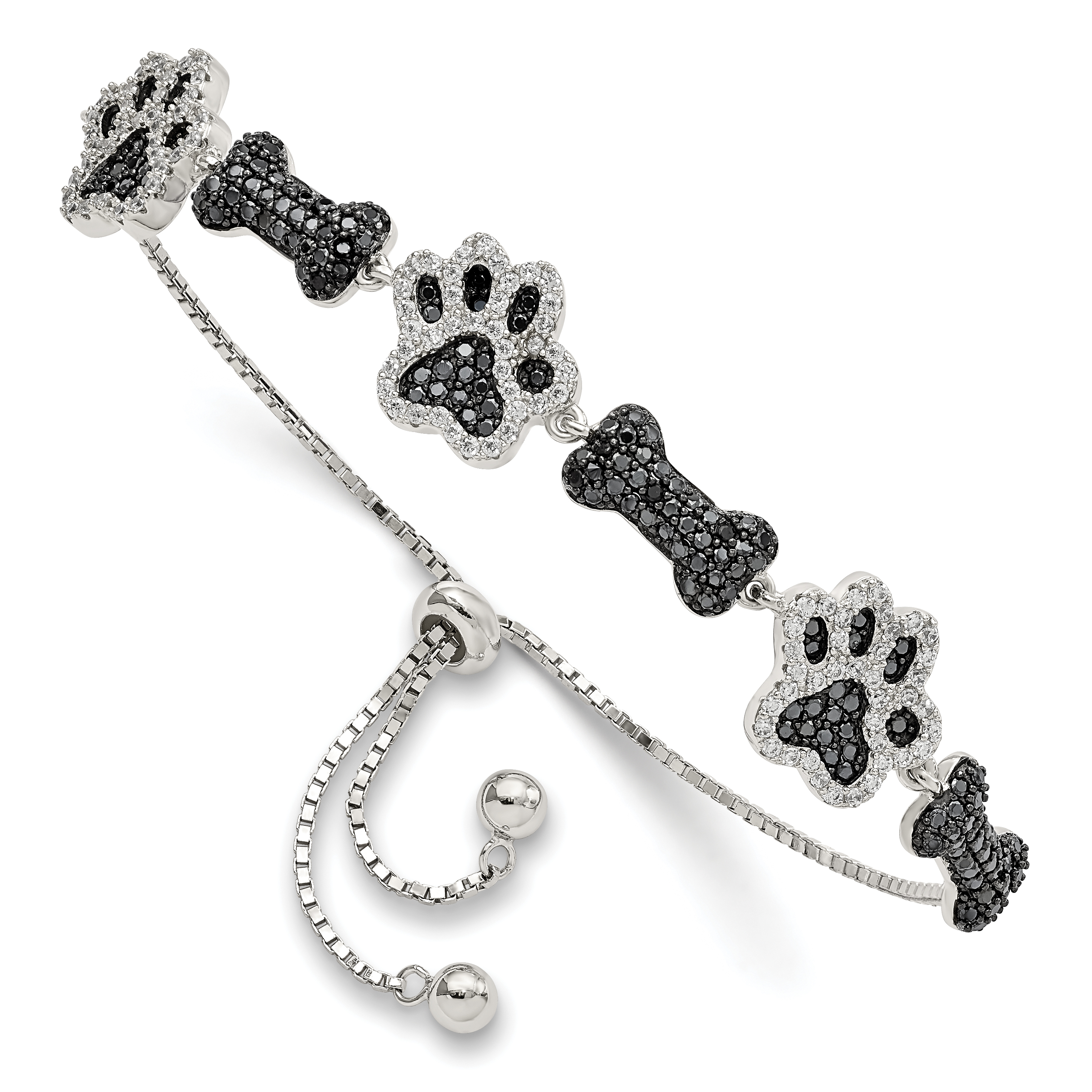 Sterling Silver Rhodium-plated CZ Paw Print & Dog Bone Adj Bracelet (QG5955)