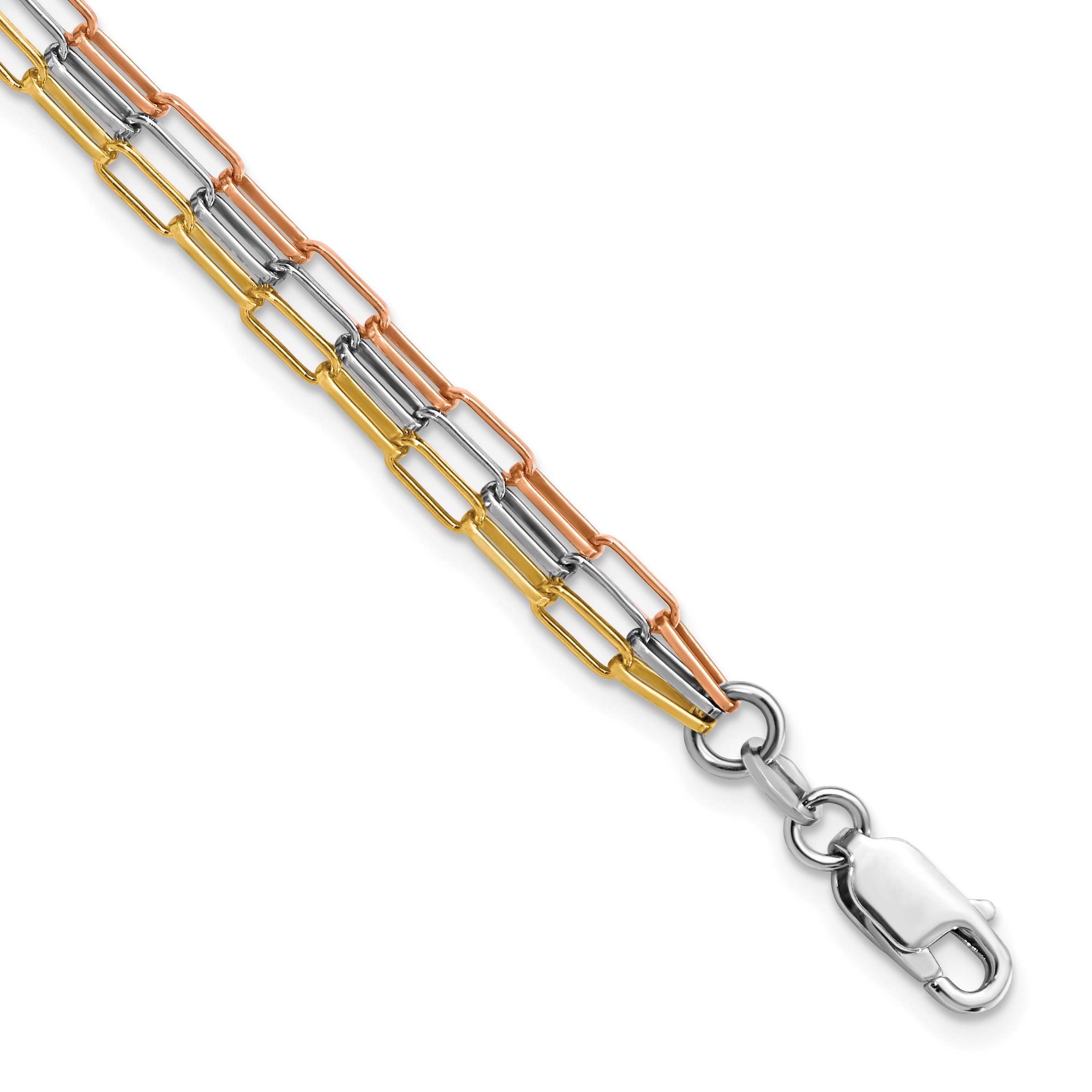 Sterling Silver RH-plate Rose & Yellow-tone Paperclip Link 3-strand Brace (QG5987-7.5)