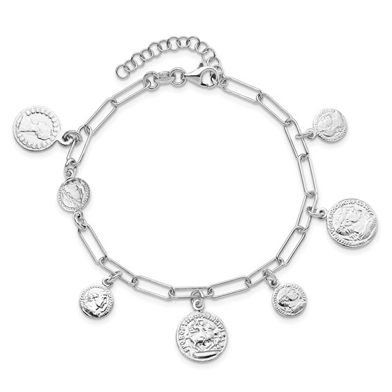 Sterling Silver Rhodium-plated Polished Coin Charm w/ 1in ext. Bracelet