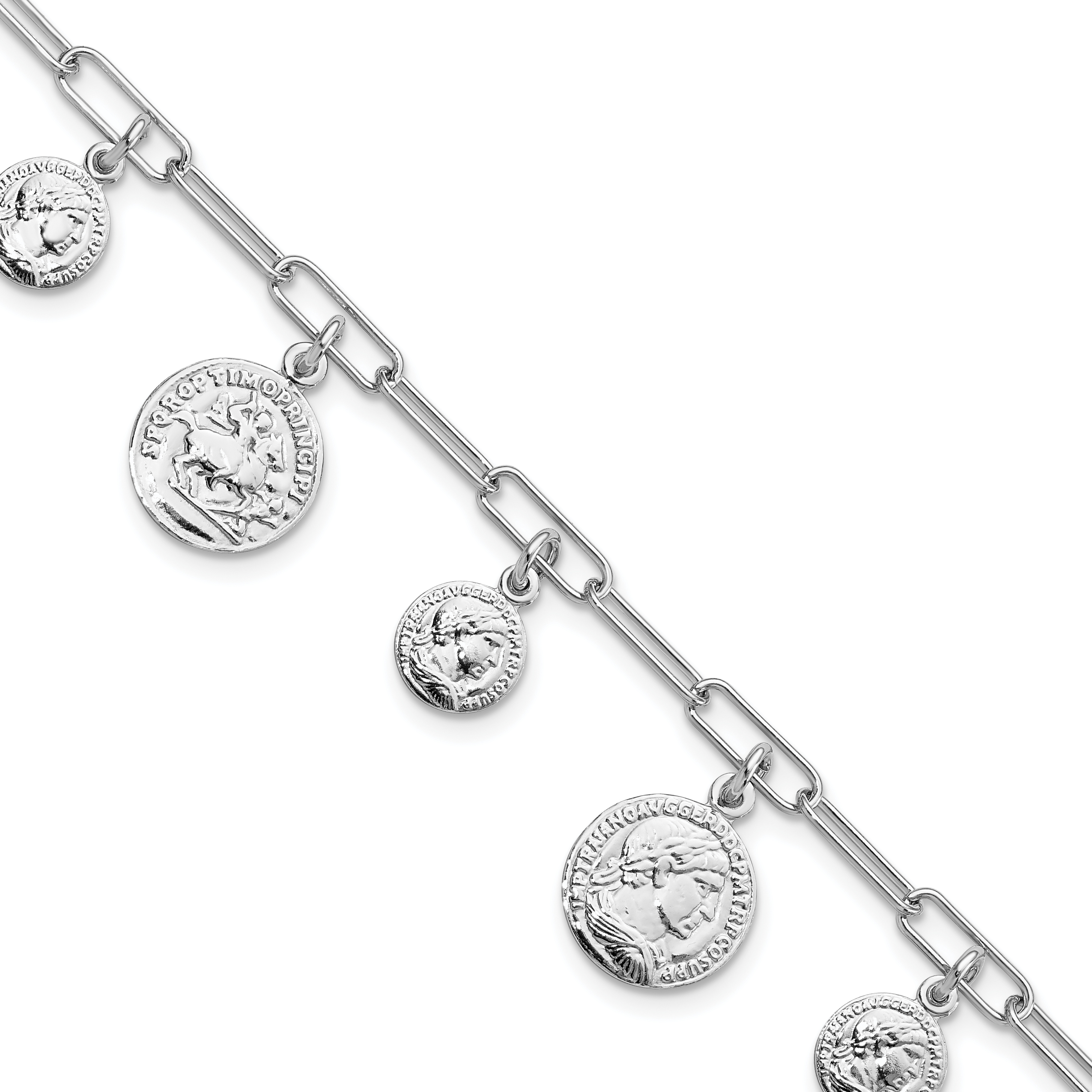 Sterling Silver Rhodium-plated Polished Coin Charm w/ 1in ext. Bracelet (QG5992-6.75)