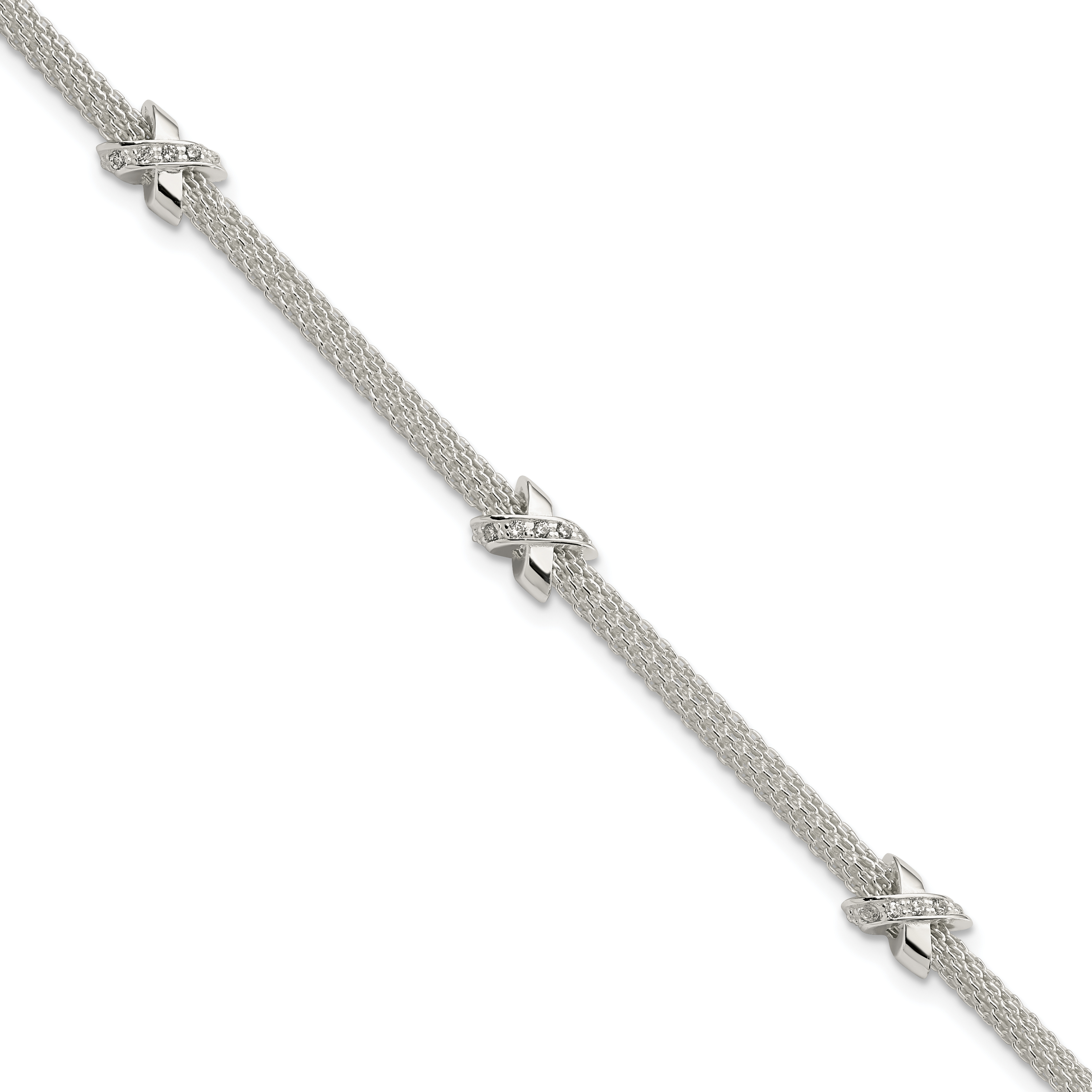 Sterling Silver Rhodium-plated Polished CZ Xs w/ 1in ext Bracelet (QG5996-7.25)