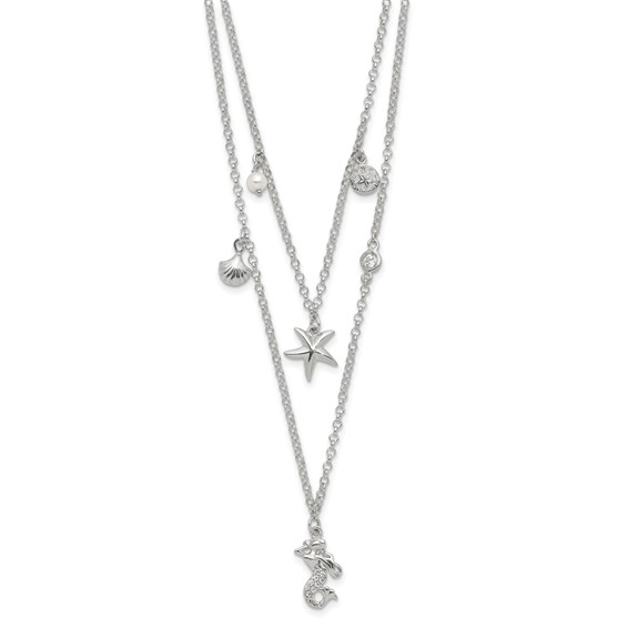 Sterling Silver CZ 7 Imitation Pearl Beach Theme 2-Strand Necklace