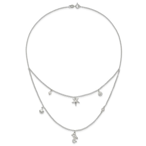 Sterling Silver CZ 7 Imitation Pearl Beach Theme 2-Strand Necklace