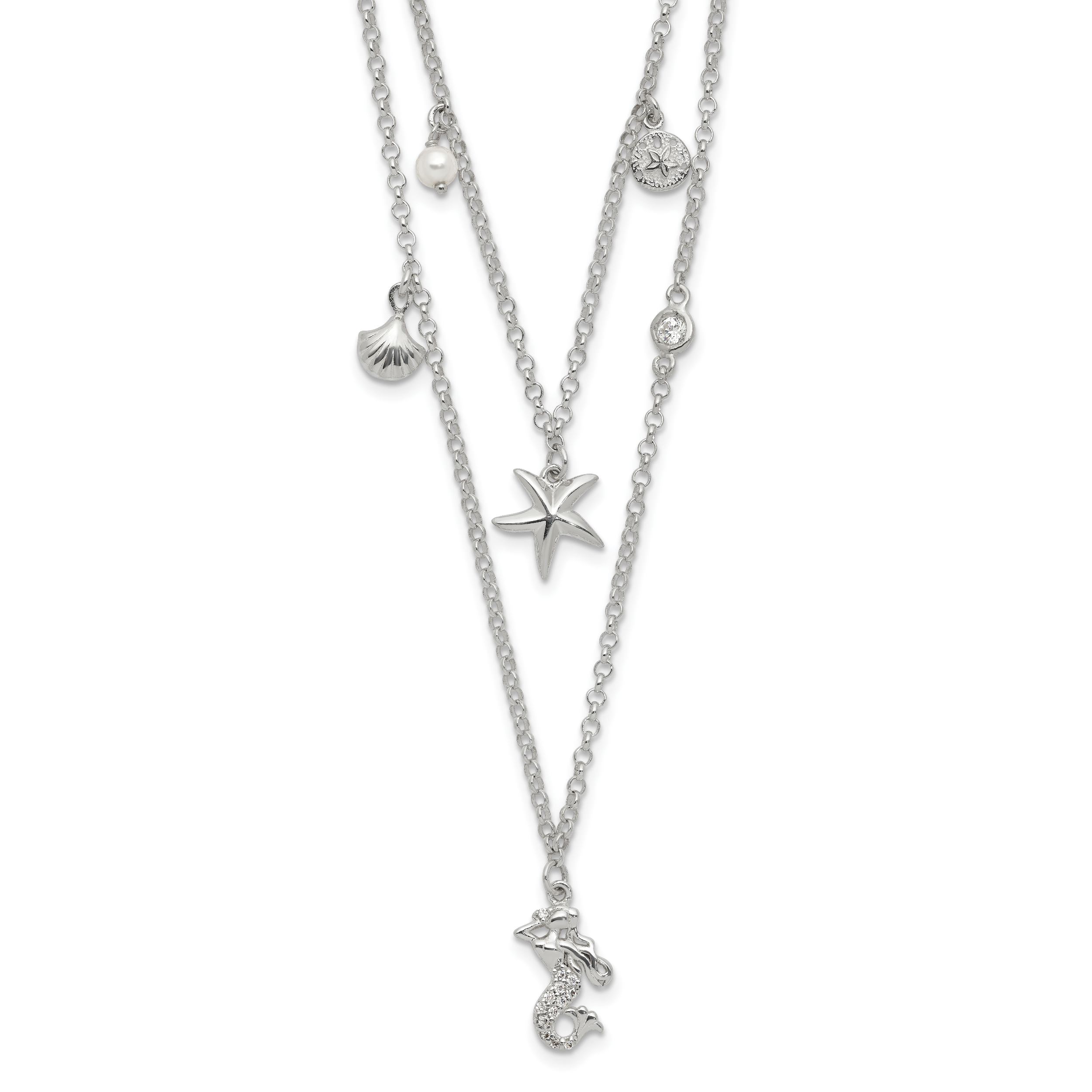 Sterling Silver CZ 7 Imitation Pearl Beach Theme 2-Strand Necklace (QG6004-16)