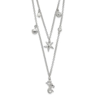 Sterling Silver CZ 7 Imitation Pearl Beach Theme 2-Strand Necklace