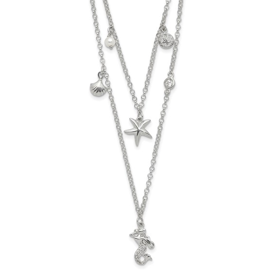 Sterling Silver CZ 7 Imitation Pearl Beach Theme 2-Strand Necklace