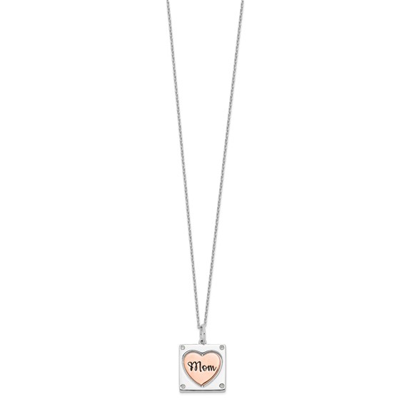Sterling Silver RH-plated Rose-tone MOM/LOVE Heart Center Spins CZ w/2in ex