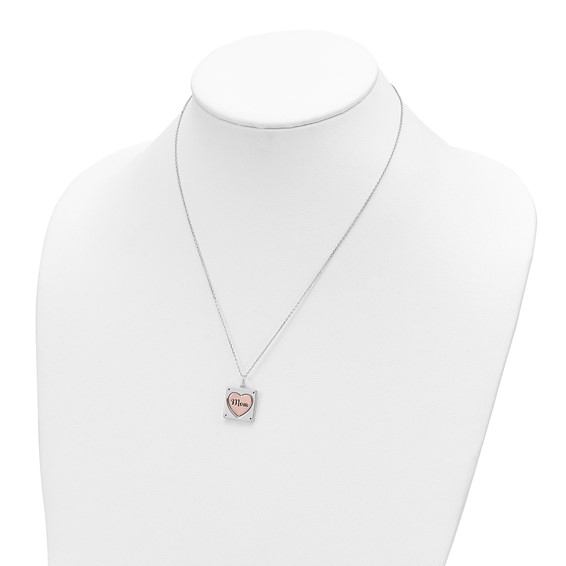 Sterling Silver RH-plated Rose-tone MOM/LOVE Heart Center Spins CZ w/2in ex