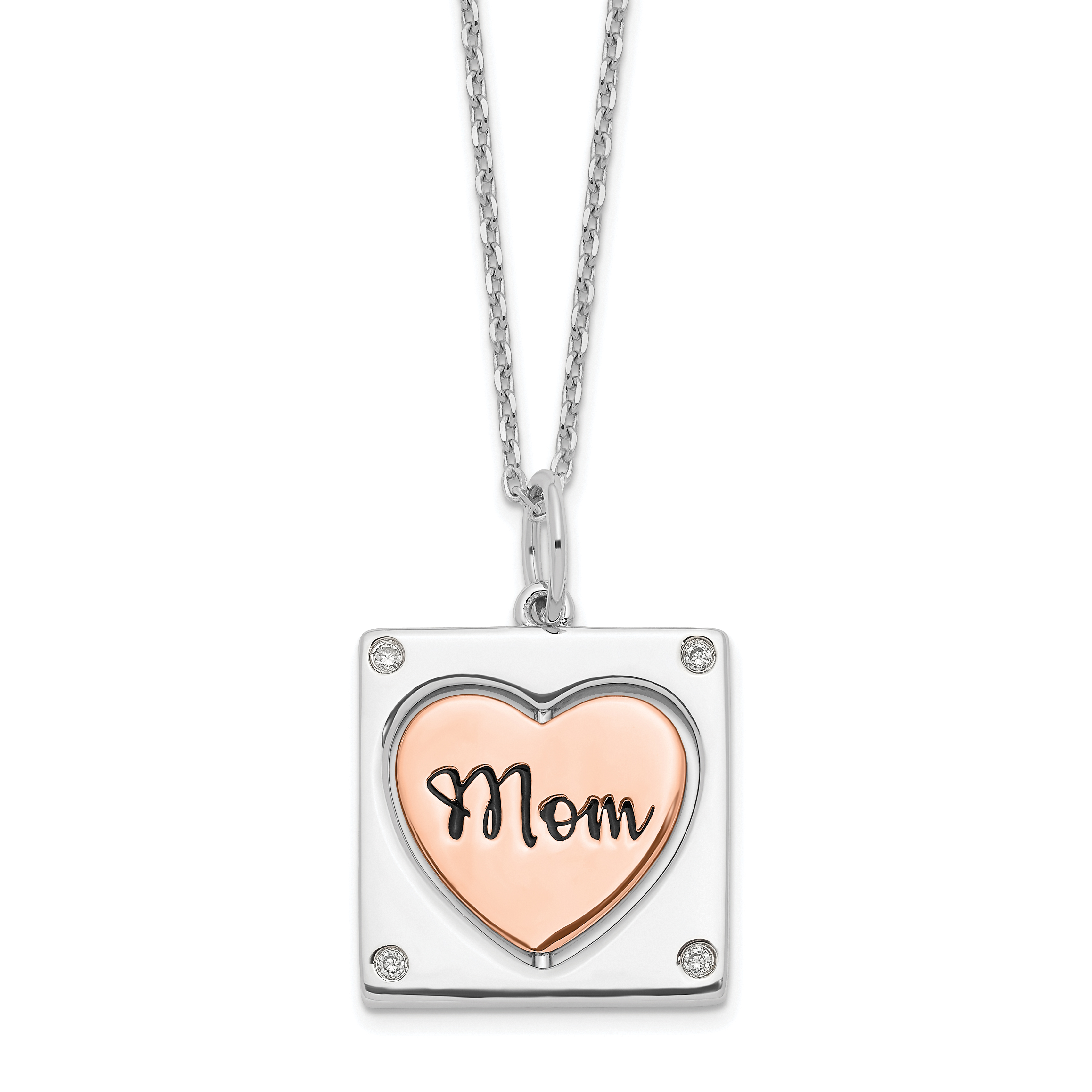 Sterling Silver RH-plated Rose-tone MOM/LOVE Heart Center Spins CZ w/2in ex (QG6019-16)