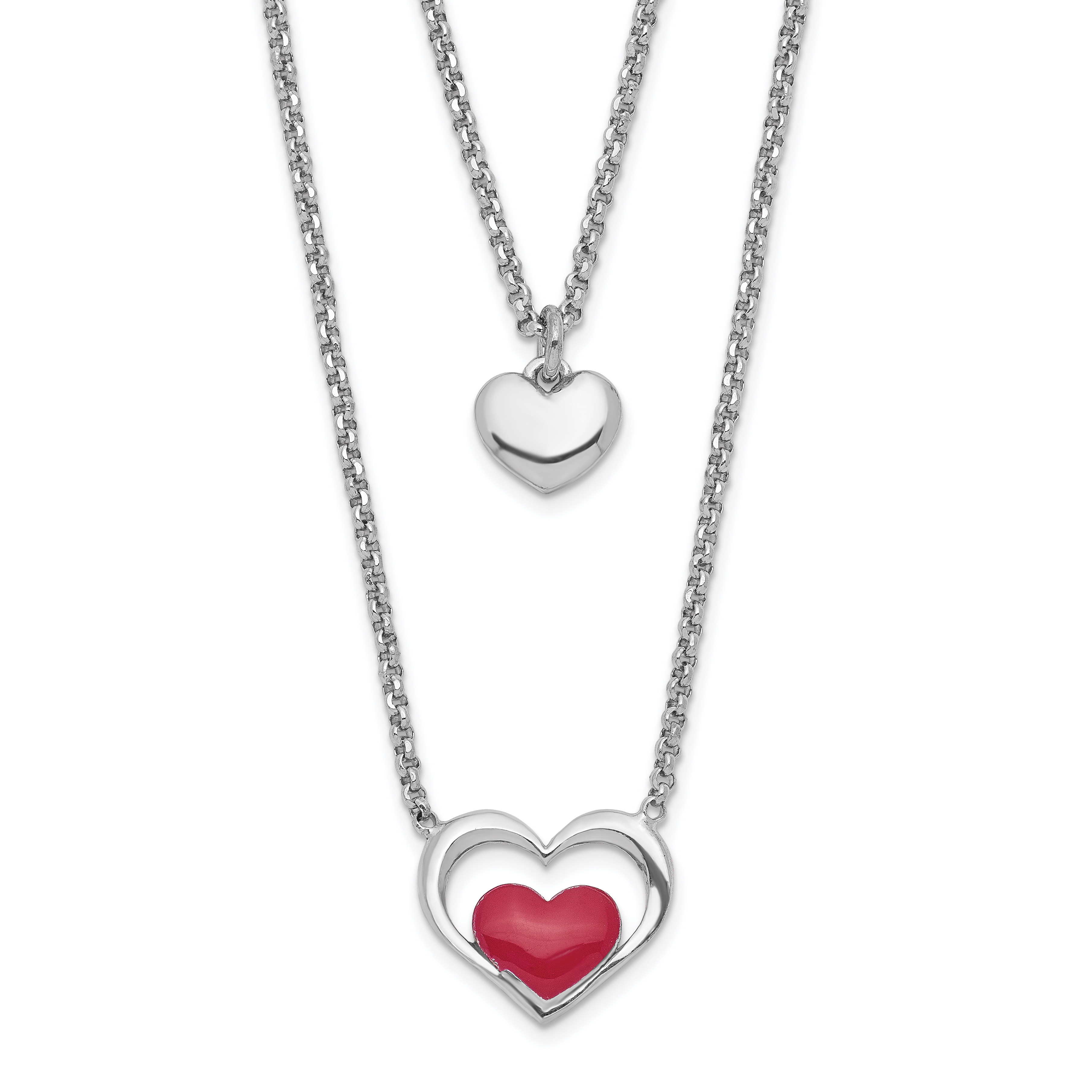 Sterling Silver Rhodium-plate Enamel Heart 2-Strand w/1in Ext Necklace (QG6021-15.5)