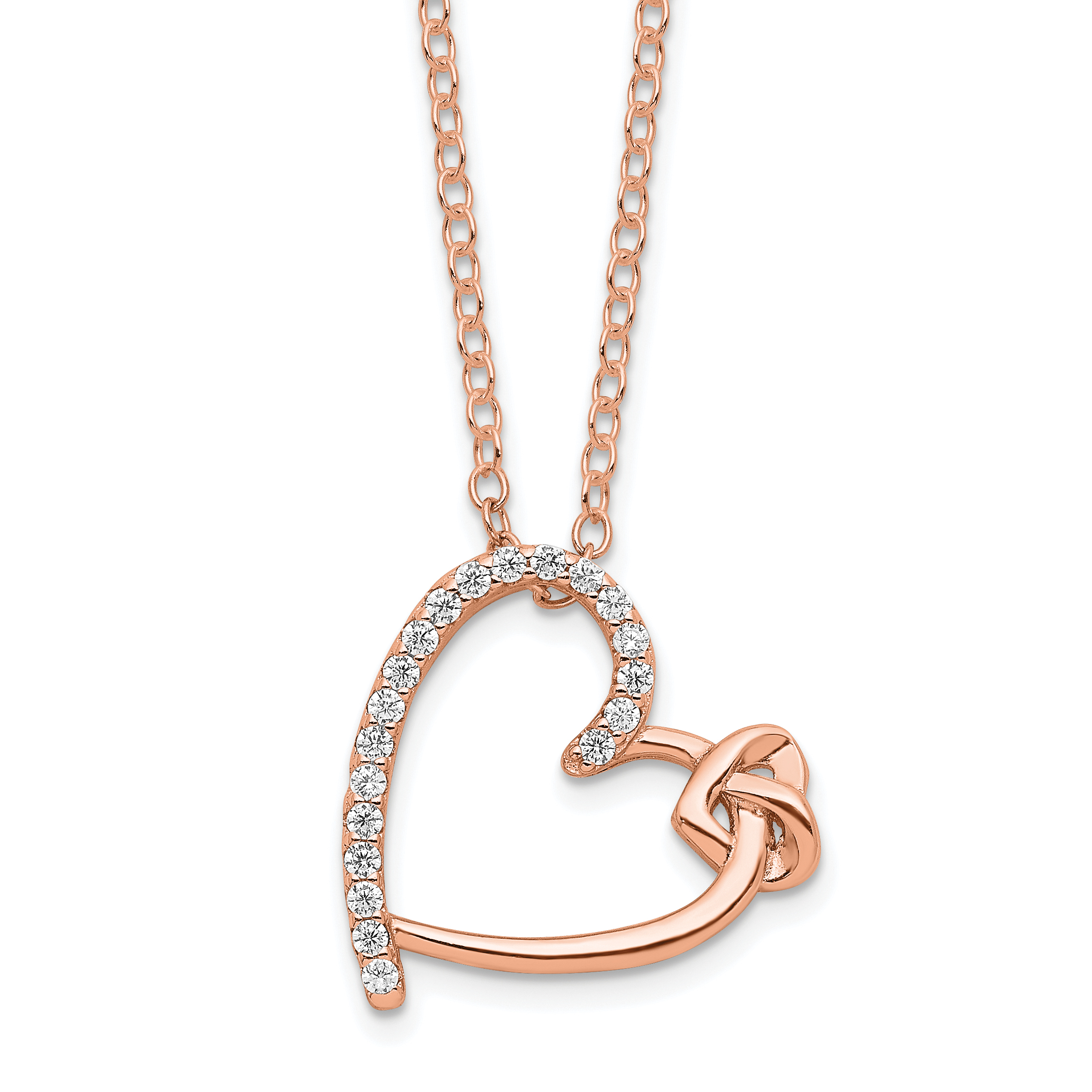 Sterling Silver Polished Rose-tone CZ Heart 18in Necklace (QG6022-18)