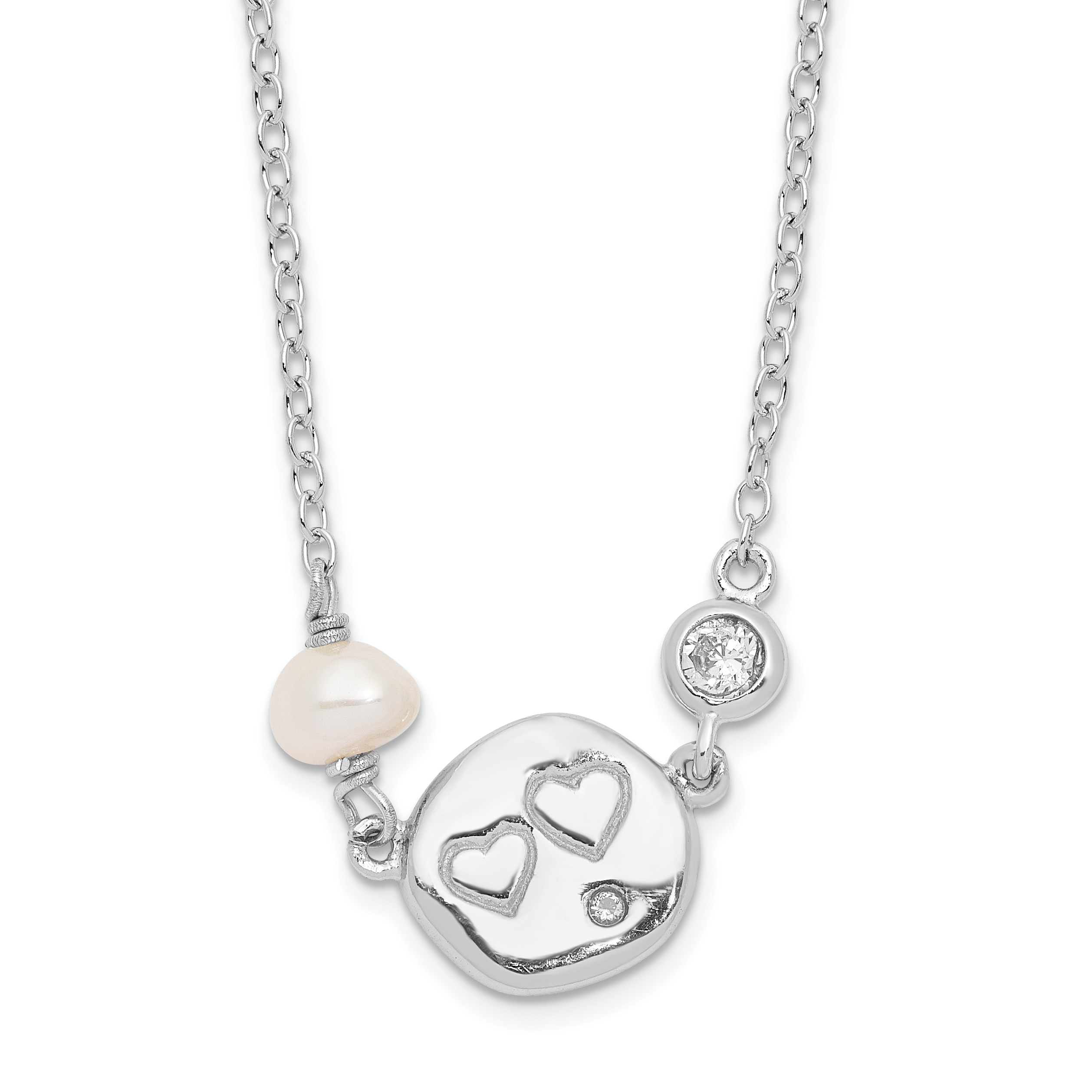 Sterling Silver Rhodium-plated CZ FW Cultured Pearl w/Hearts Necklace (QG6025-18)