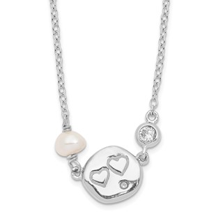 Sterling Silver Rhodium-plated CZ FW Cultured Pearl w/Hearts Necklace