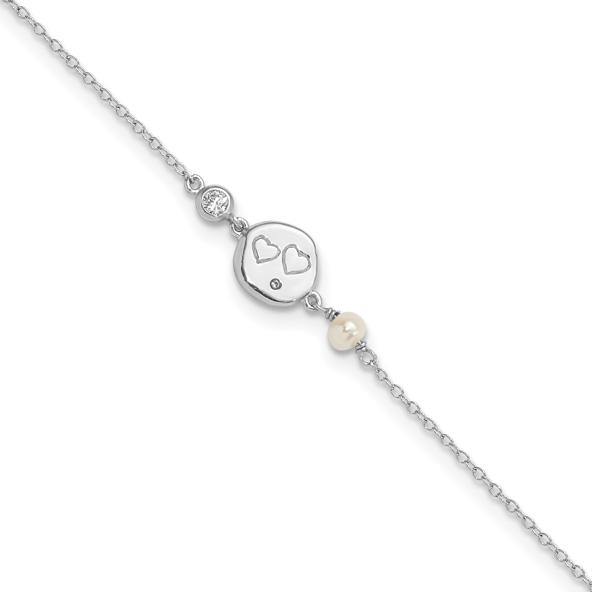 Sterling Silver Rhodium-plated CZ FW Cultured Pearl w/ Hearts Bracelet (QG6028-7.5)