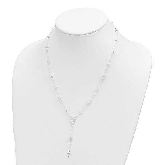 Sterling Silver Polished Mary and Cross Y-drop 1.75in ext. Necklace