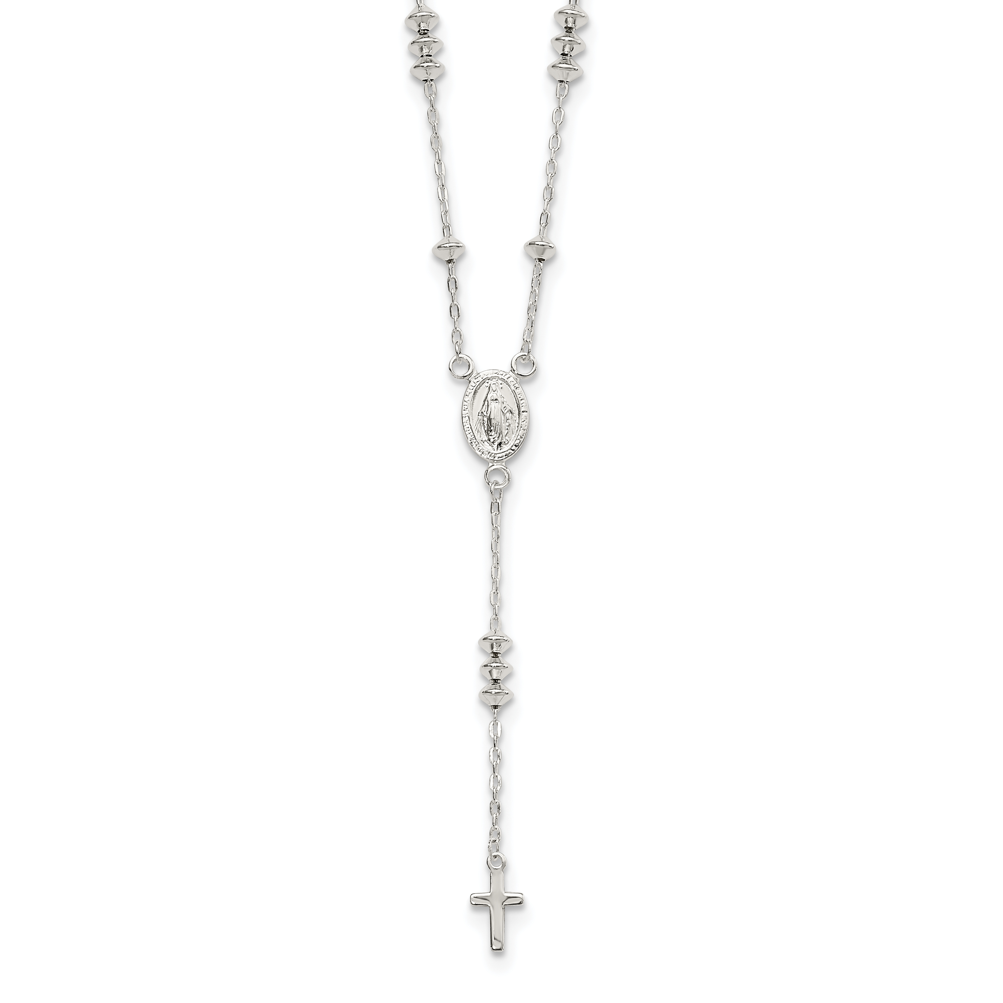 Sterling Silver Polished Mary and Cross Y-drop 1.75in ext. Necklace (QG6043-18)