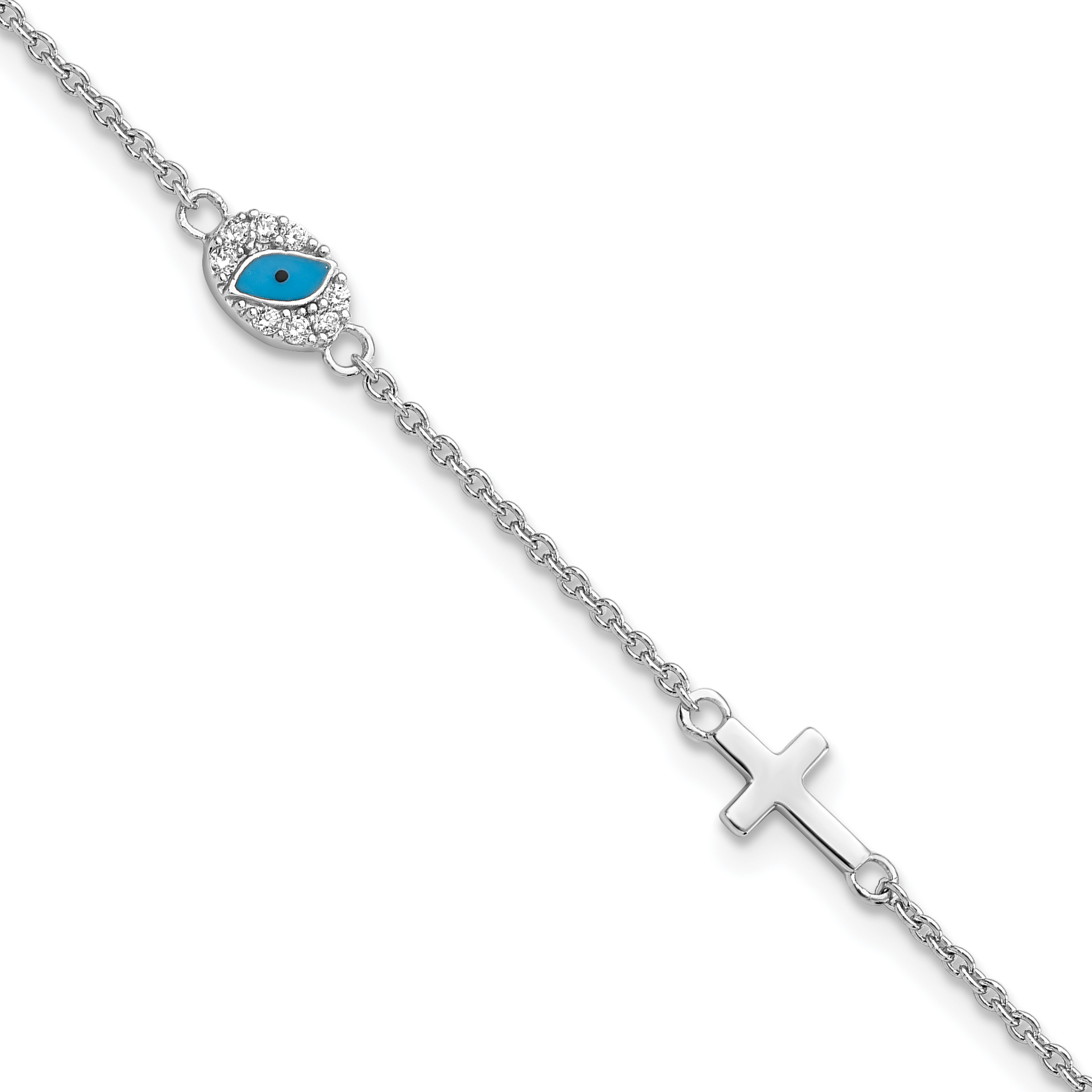 Sterling Silver RH CZ Enamel Cross w/Eye 6.5in w/1in ext Bracelet (QG6046-6.5)
