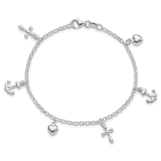 Sterling Silver Cross, Anchor, Heart Bracelet
