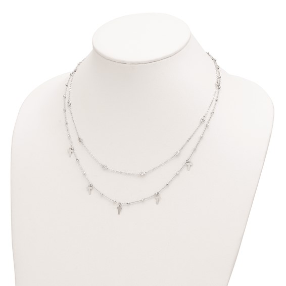 Sterling Silver Rhodium-plated Polished Cross and CZ w/ 2in ext. Necklace