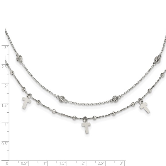 Sterling Silver Rhodium-plated Polished Cross and CZ w/ 2in ext. Necklace