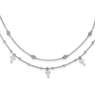 Sterling Silver Rhodium-plated Polished Cross and CZ w/ 2in ext. Necklace