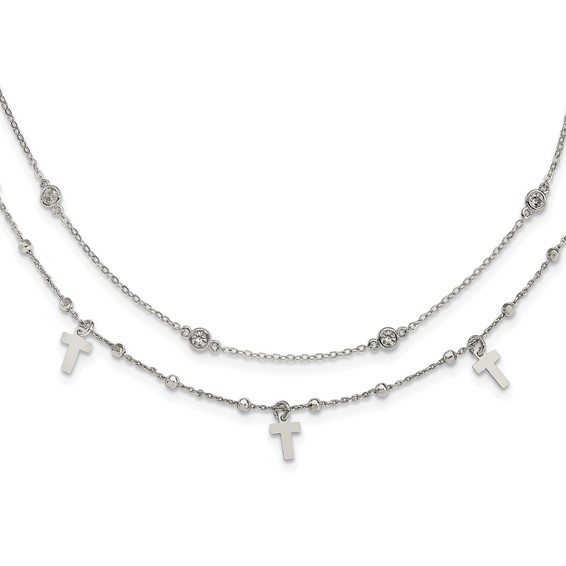 Sterling Silver Rhodium-plated Polished Cross and CZ w/ 2in ext. Necklace