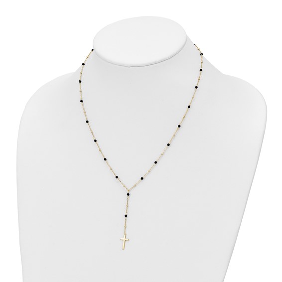 Sterling Silver Gold-tone Beaded Onyx Cross w/2 in ext. Necklace