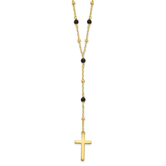 Sterling Silver Gold-tone Beaded Onyx Cross w/2 in ext. Necklace