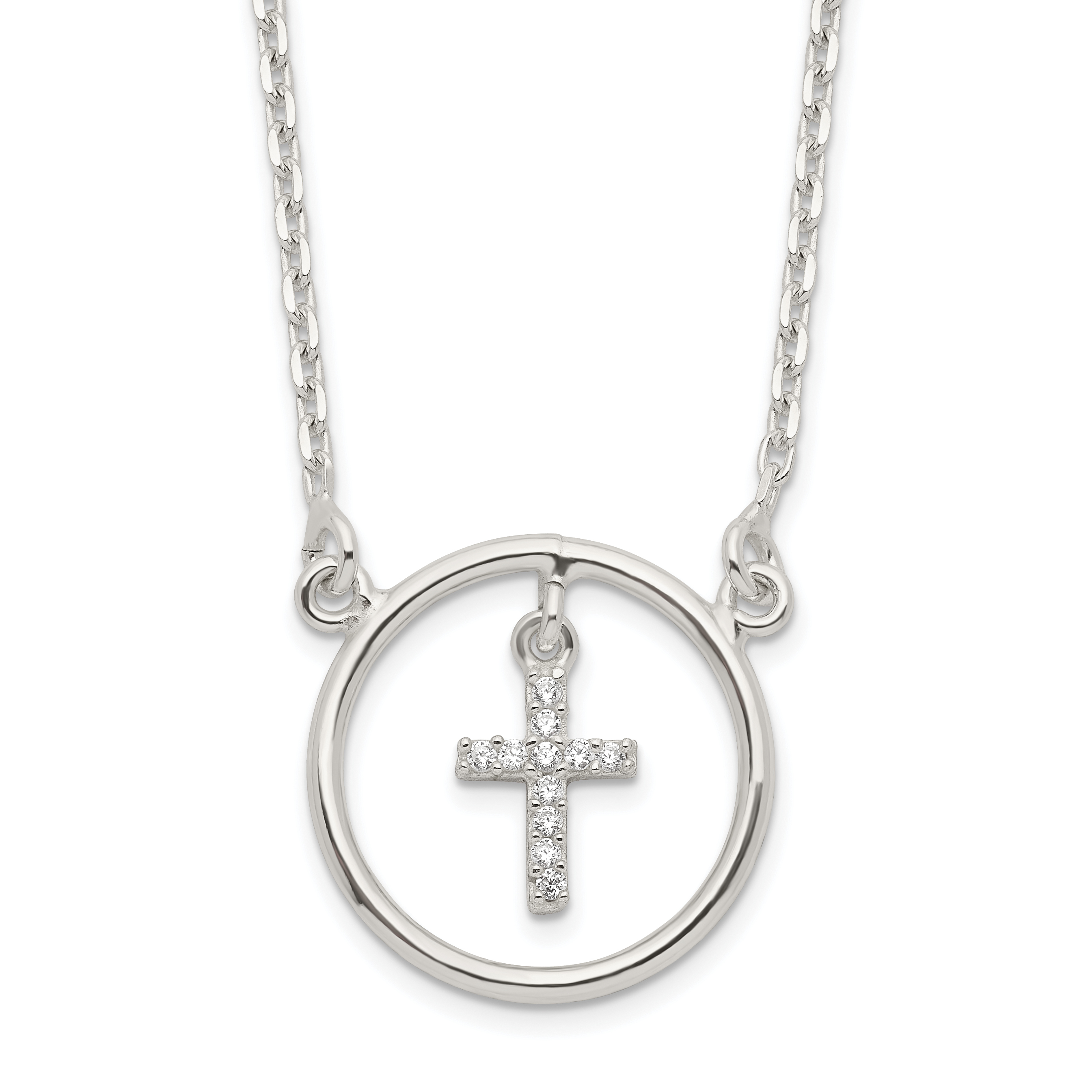 Sterling Silver CZ Cross in Circle Necklace (QG6064-16)
