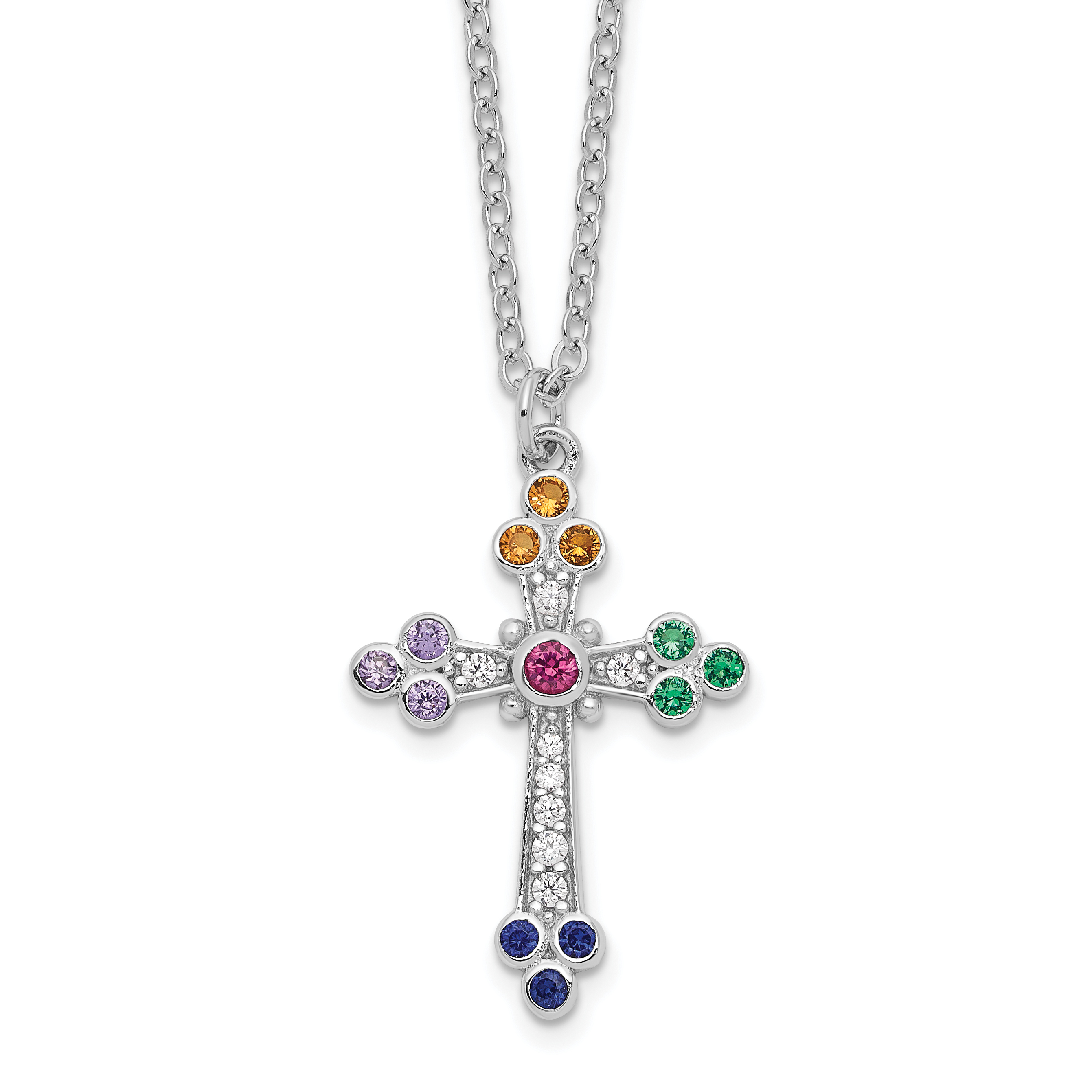 Sterling Silver Rhodium-plated Polished Multi-color CZ Cross Necklace (QG6066-18)