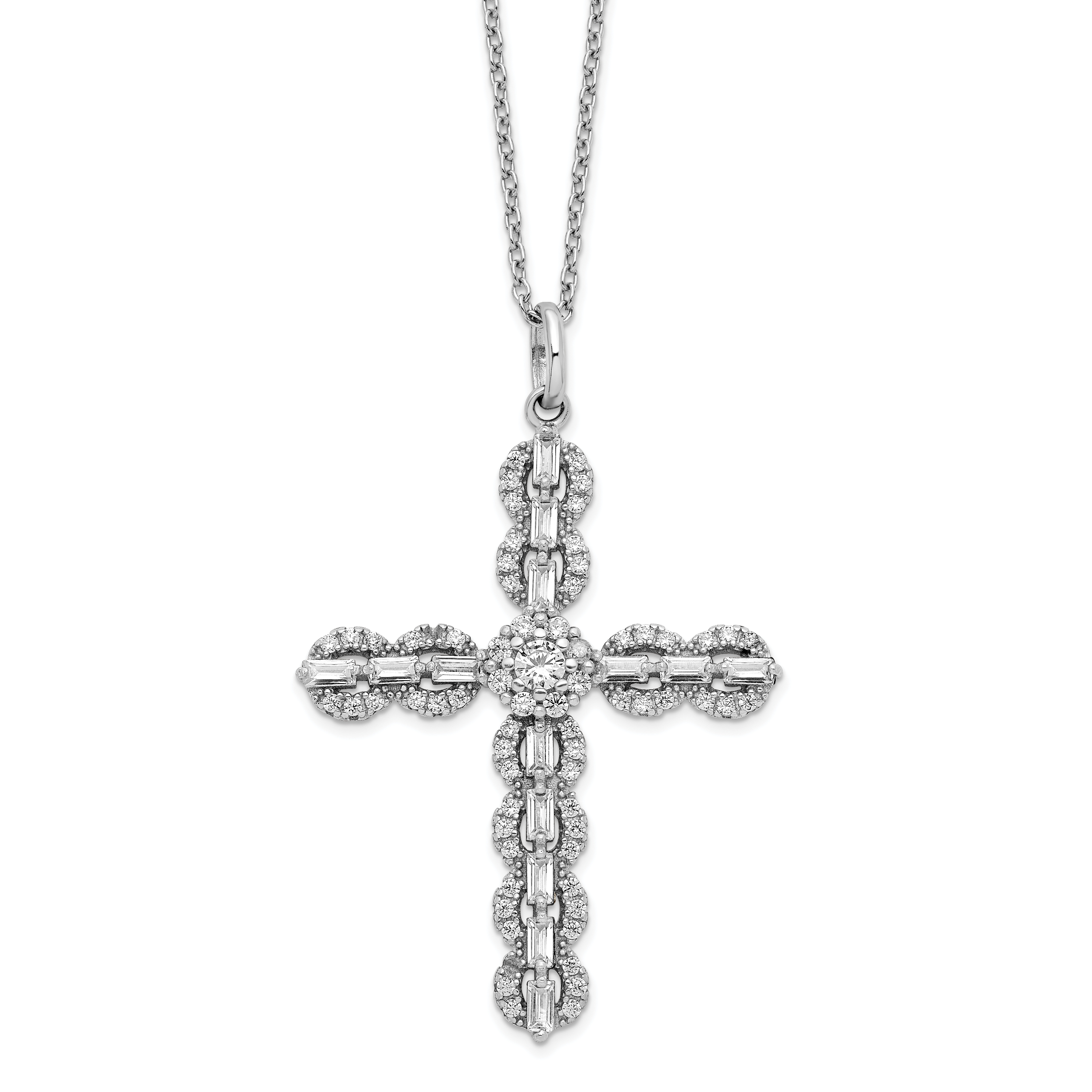 Sterling Silver Rhodium-plated Polished CZ Cross Necklace (QG6070-18)