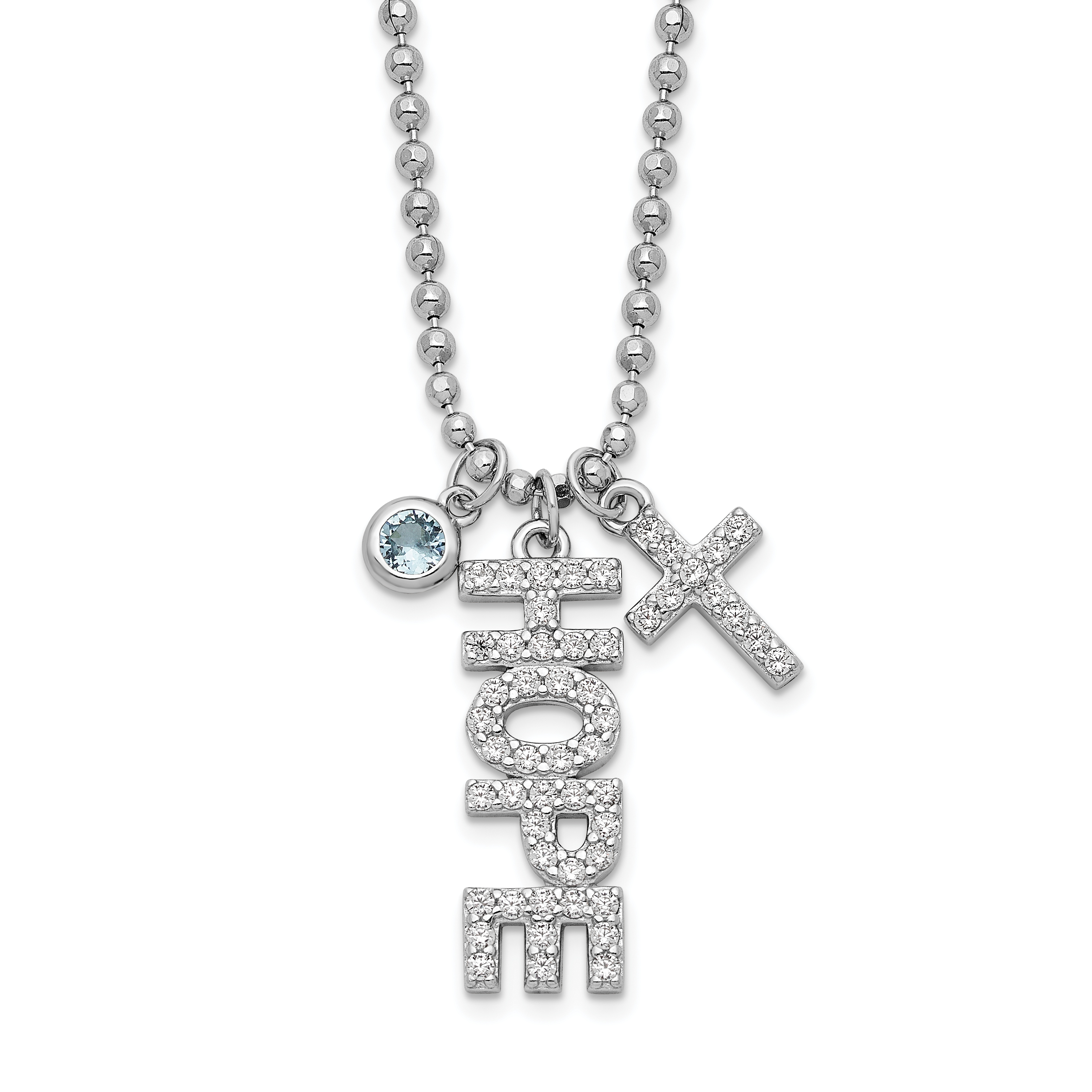 Sterling Silver Rhodium-plated CZ and Cross D/C Bead Chain Necklace (QG6072-18)