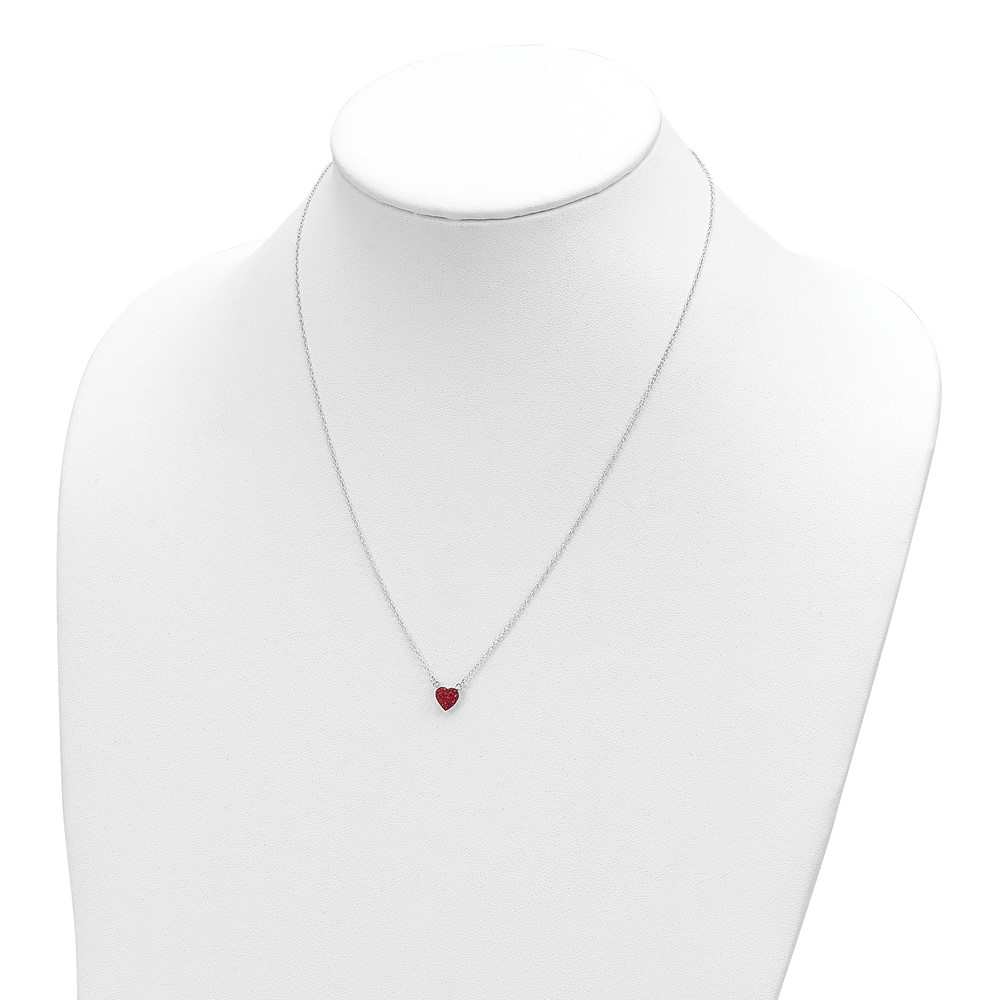 Sterling Silver 18.25in Rhodium-plated Polished Red Crystal Heart Necklace (QG6077-18.25)