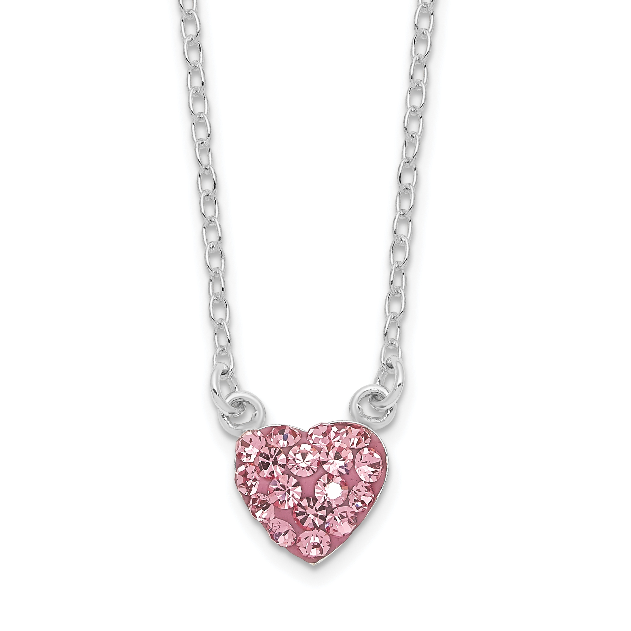 Sterling Silver Rhodium-plated Polished Pink Crystal Heart Necklace (QG6078-18.25)