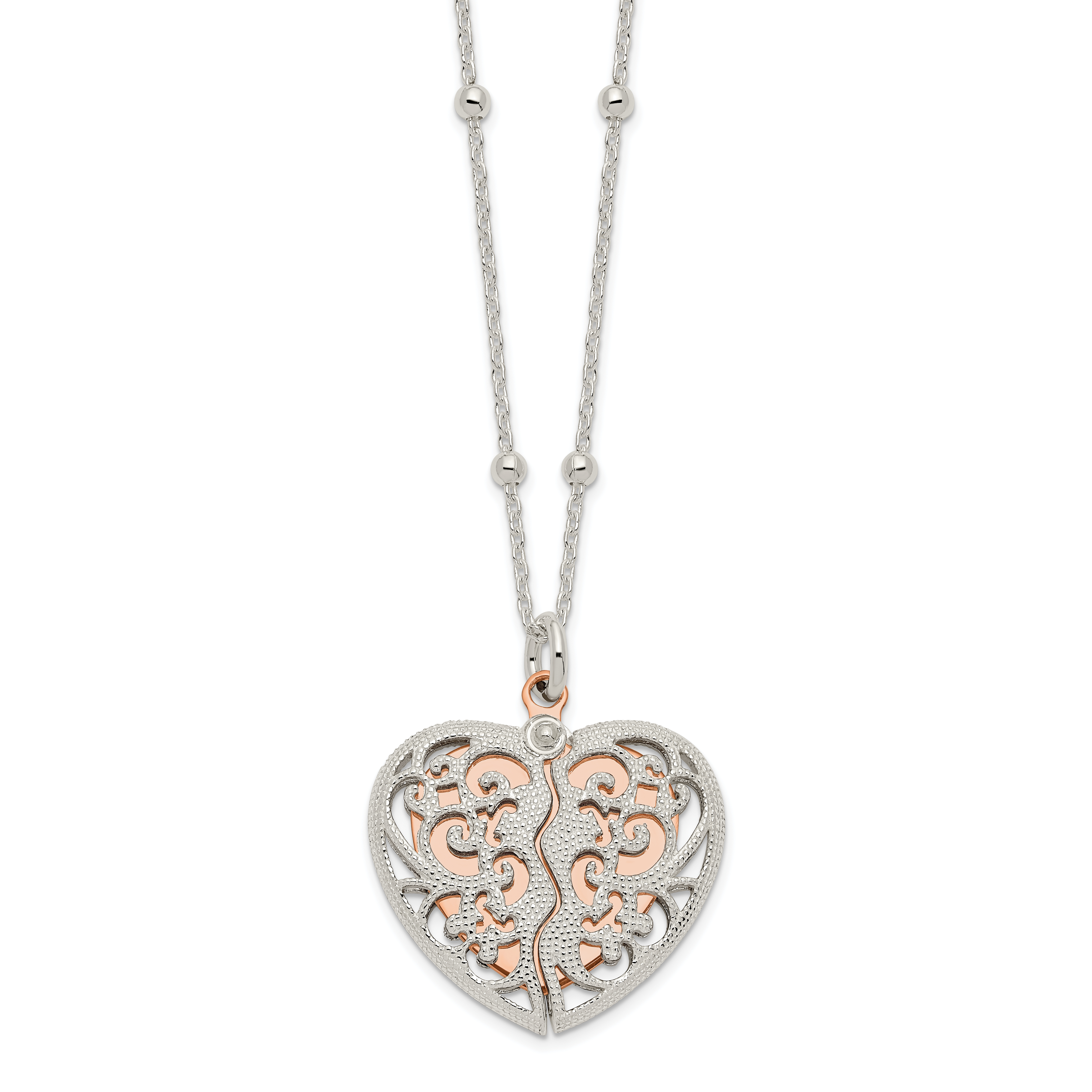 Sterling Silver & Rose-tone Polished Moveable Heart Necklace (QG6080-16)