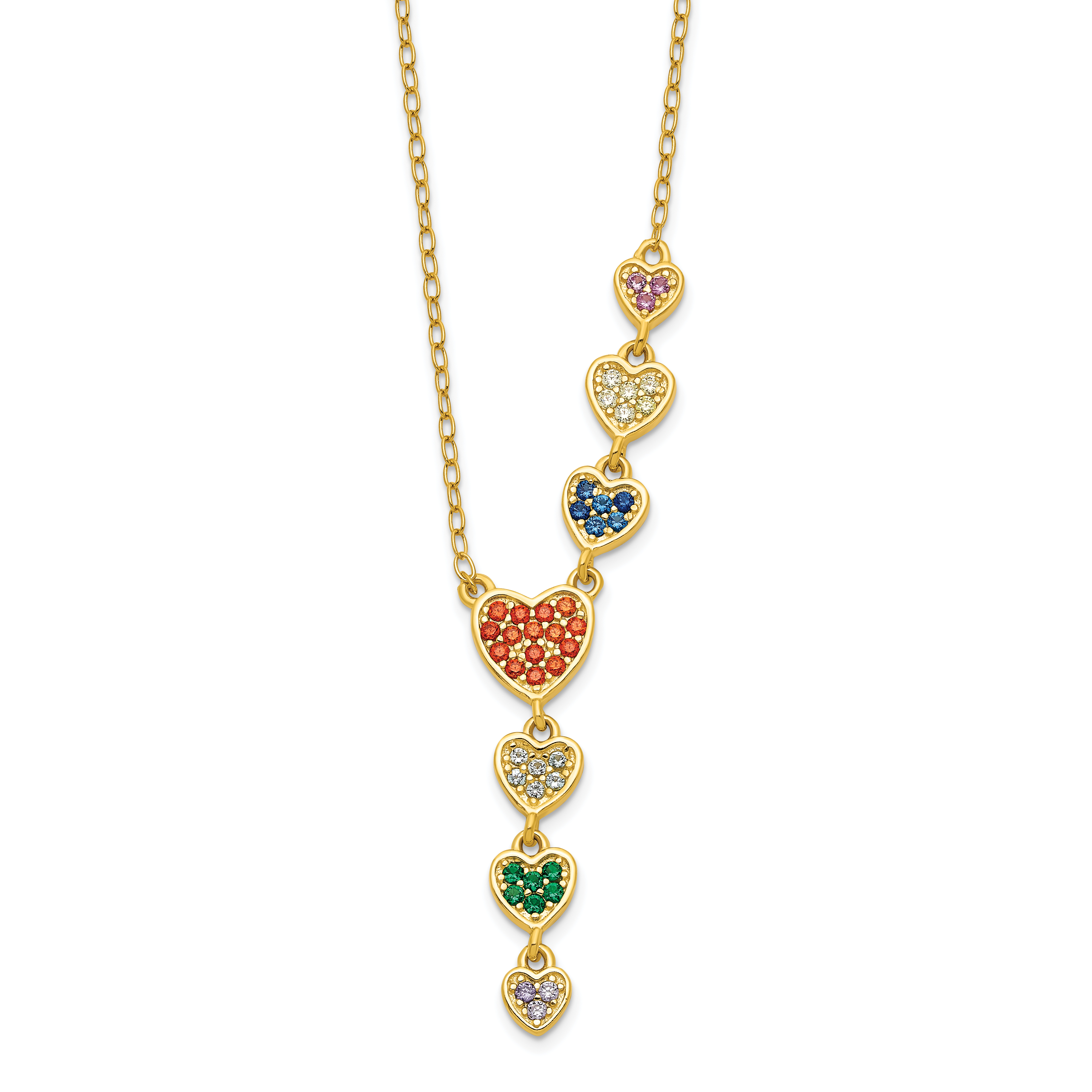 Sterling Silver Gold-tone Multicolor CZ Hearts 16.75 inch Necklace (QG6081-16.75)