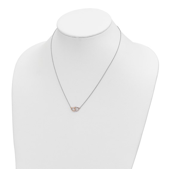 Sterling Silver Rhodium-plated Rose-tone Polished Hearts Necklace