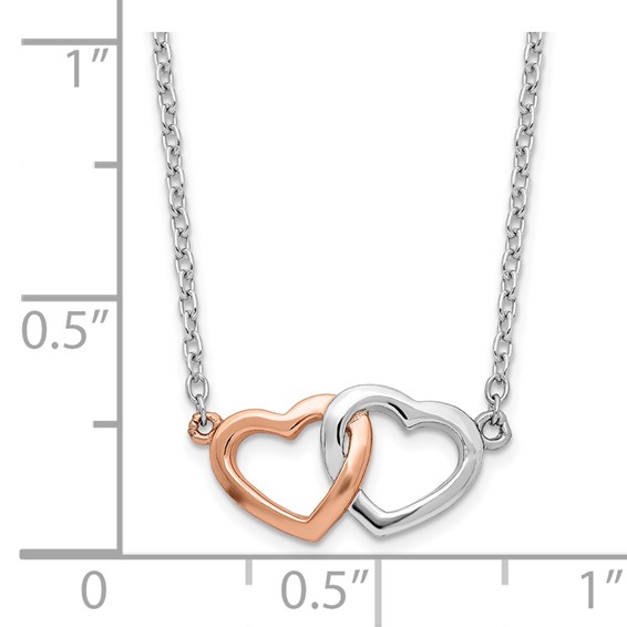 Sterling Silver Rhodium-plated Rose-tone Polished Hearts Necklace