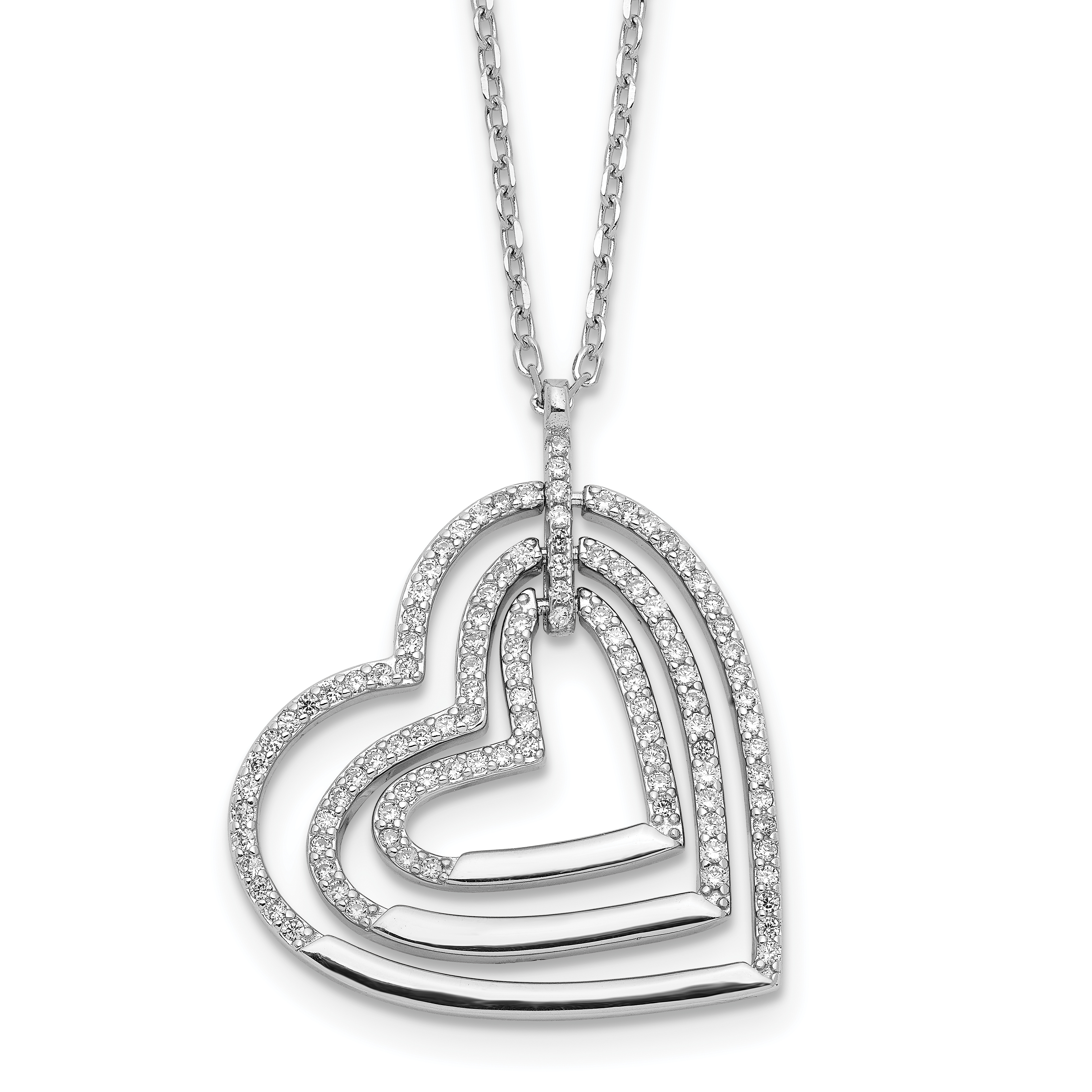 Sterling Silver Rhodium-plated Triple Open CZ Heart w/2 in ext. Necklace (QG6086-16)