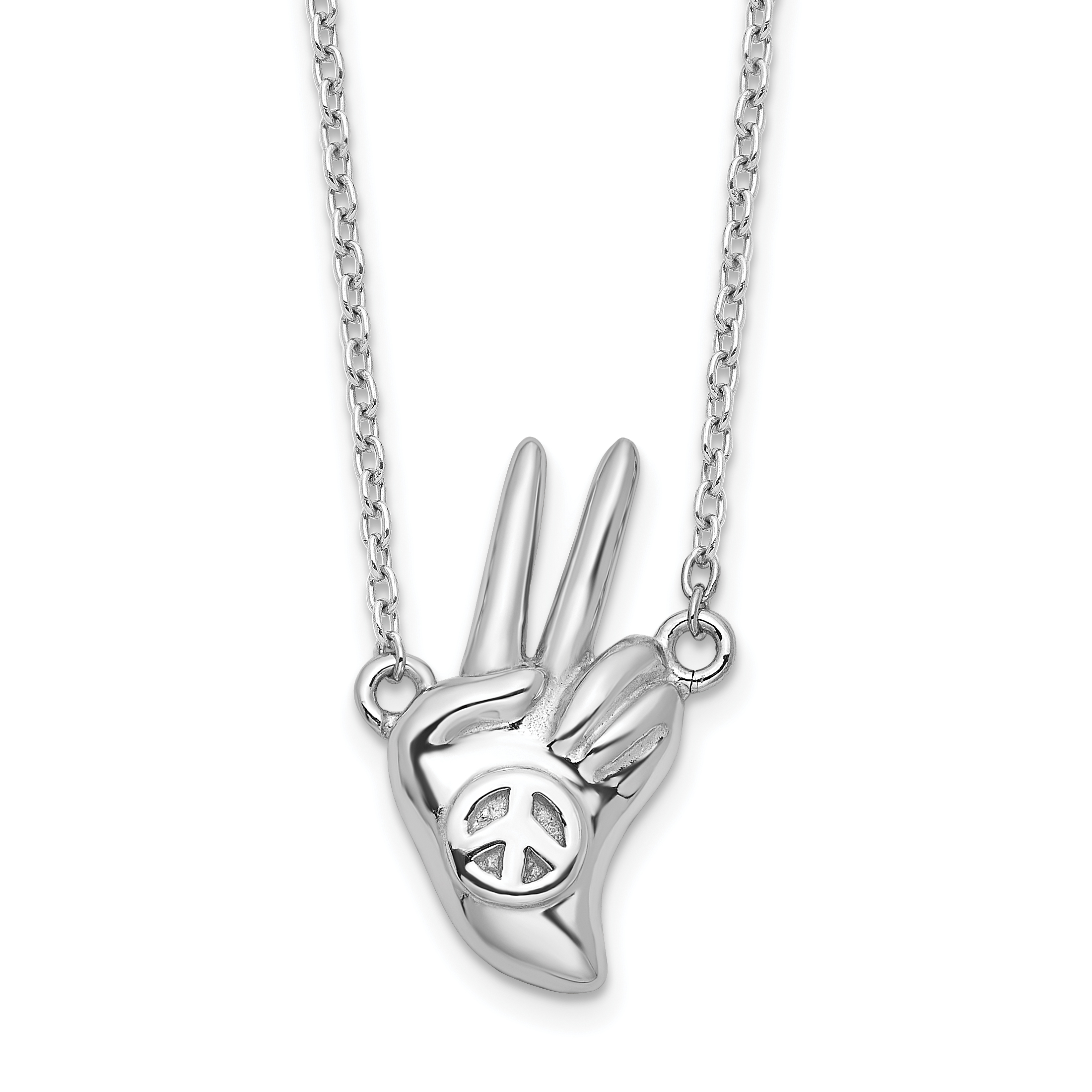 Sterling Silver Rhodium-plated Peace Sign Hand Necklace (QG6088-18)