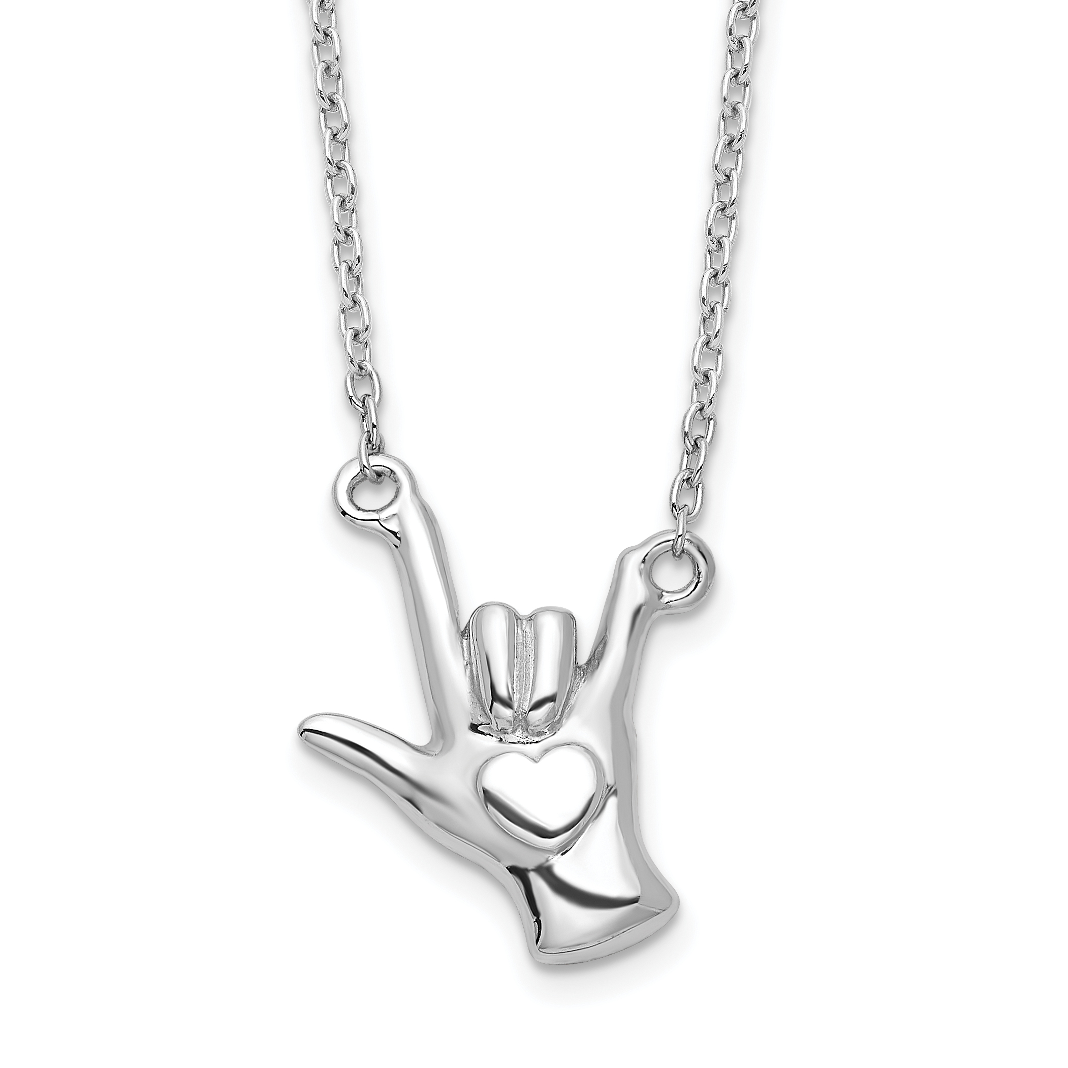 Sterling Silver Rhodium-plated I Love You Hand Signal Necklace (QG6089-18)