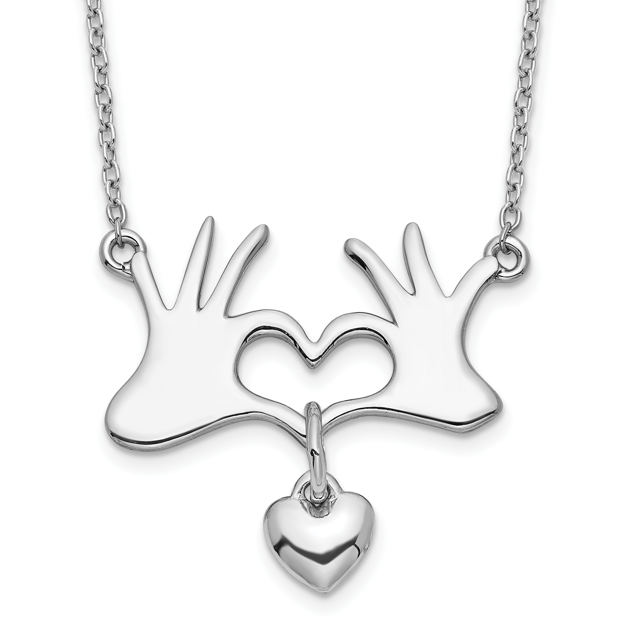 Sterling Silver Rhodium-plated Hands Heart w/Dangle Heart Necklace (QG6090-18)