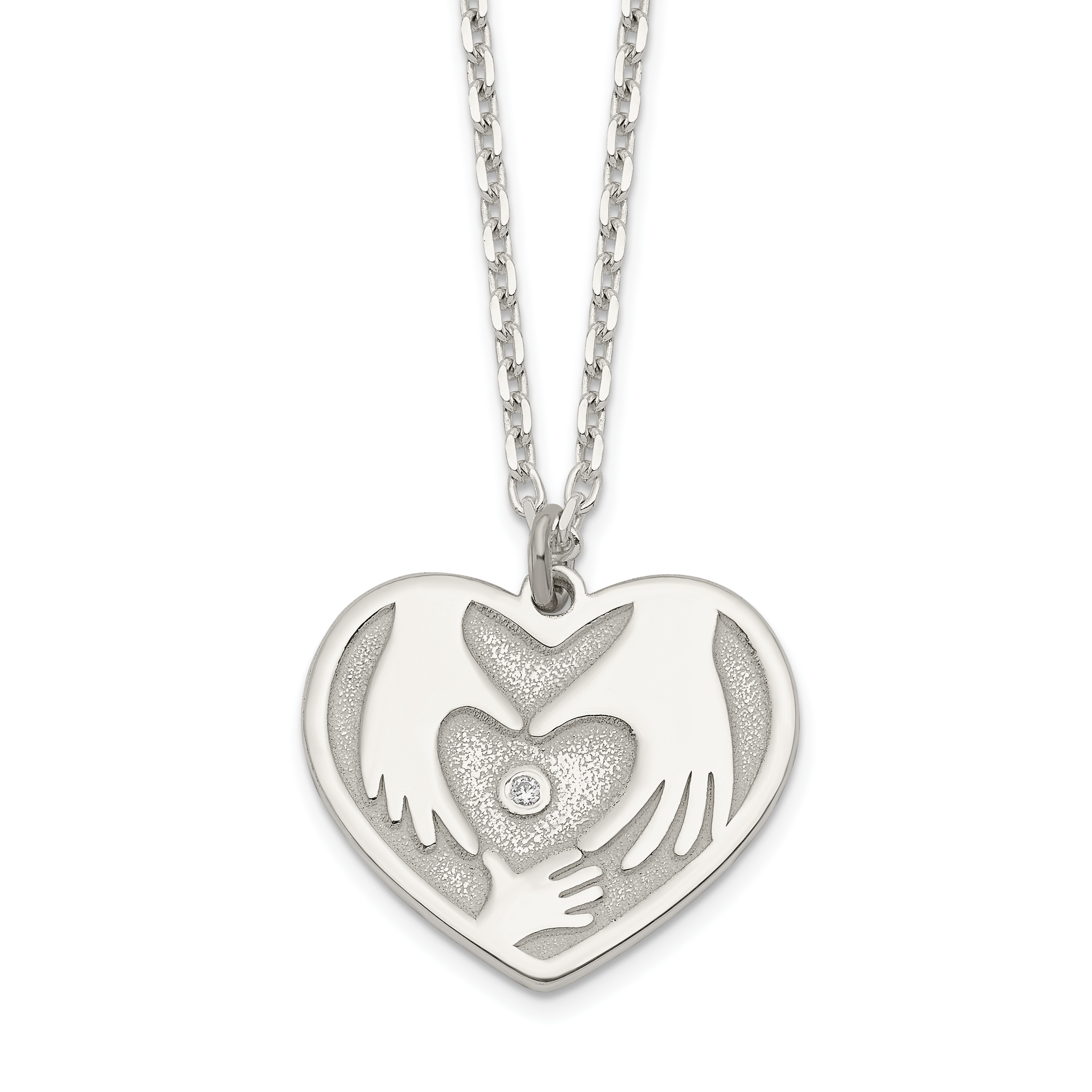 Sterling Silver CZ Hands in Heart Necklace (QG6091-16)