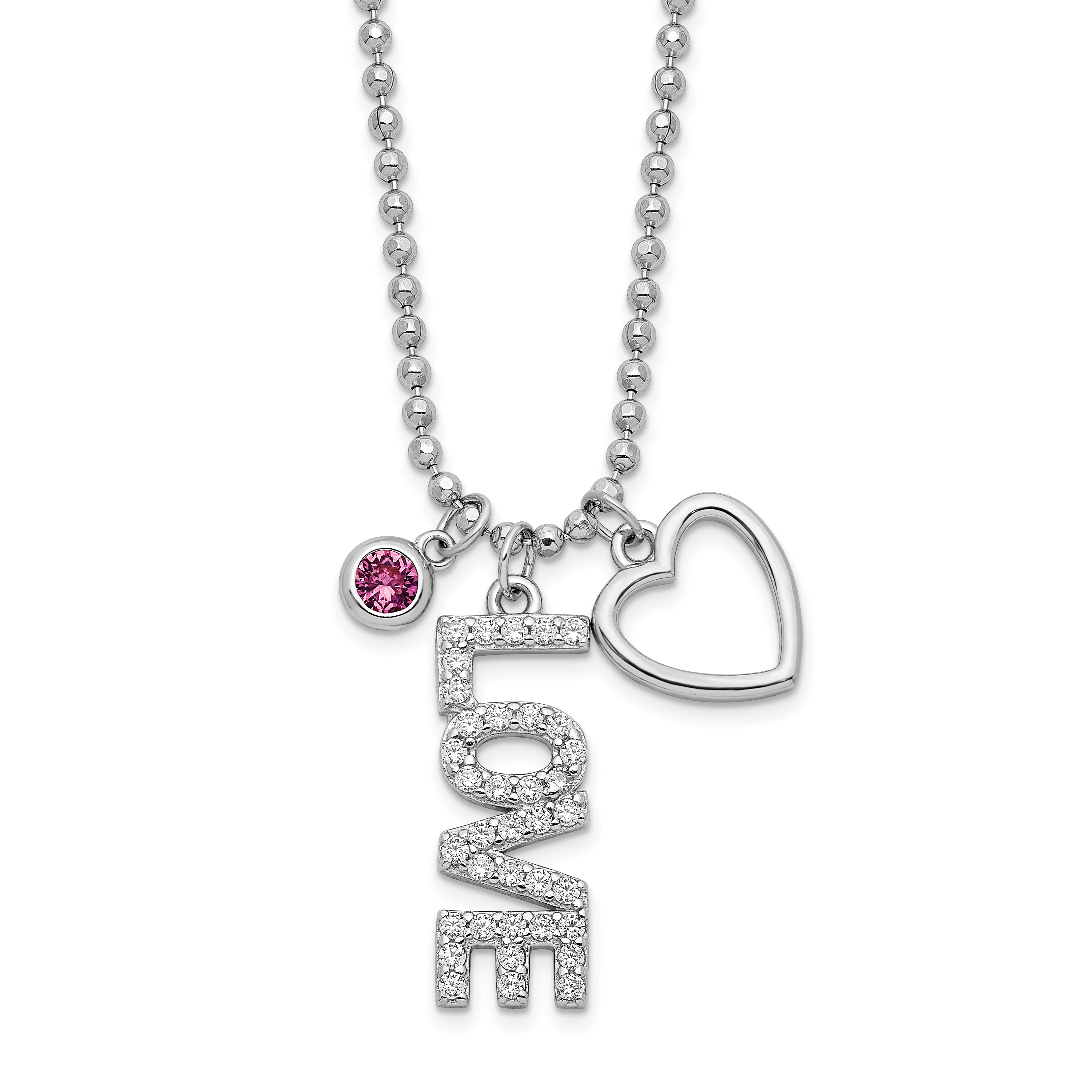 Sterling Silver Rhodium-plated CZ and Heart D/C Bead Chain Necklace (QG6094-18)